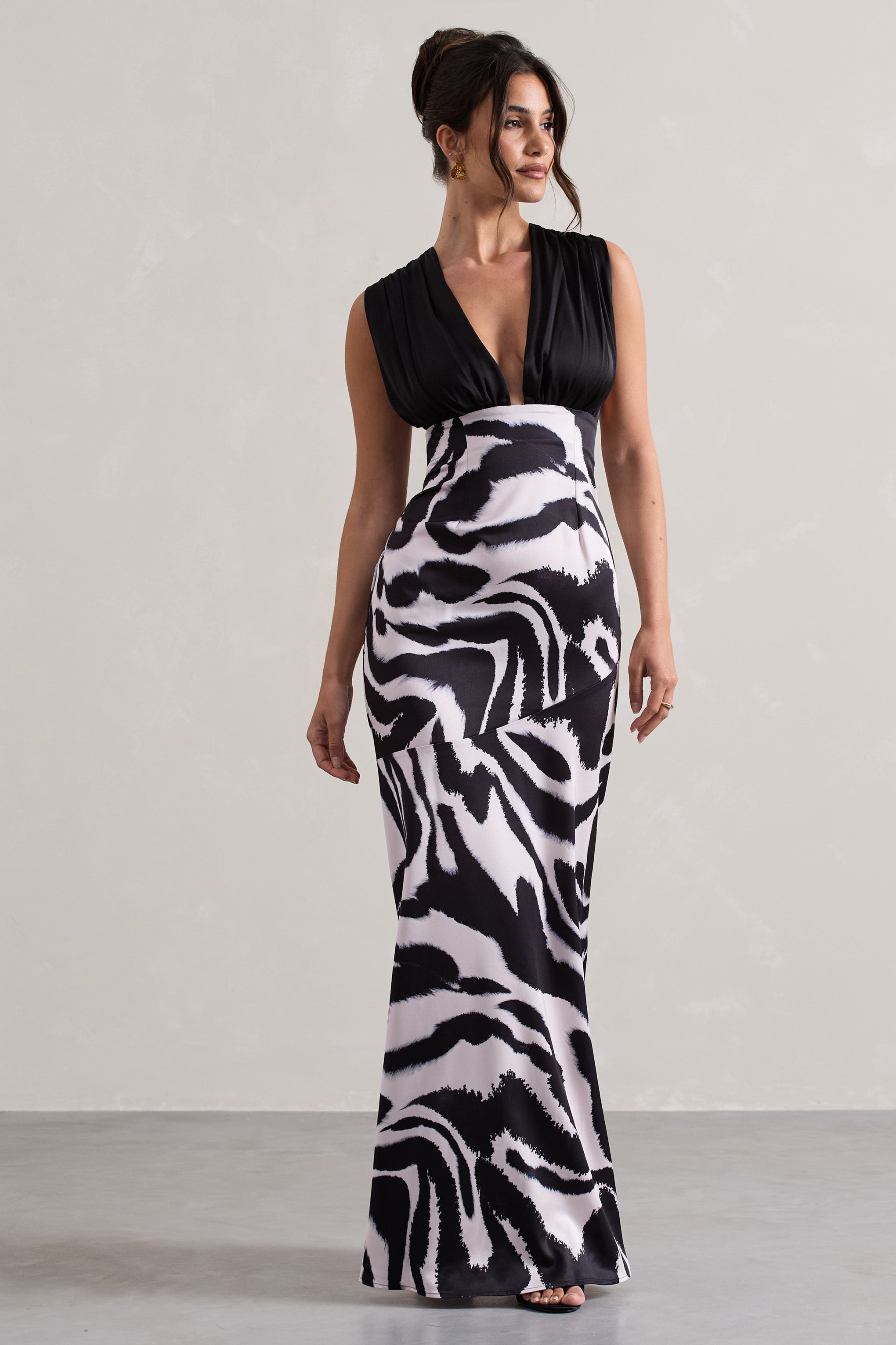 Zebra Print Satin Ruched V-Neck Maxi Dress