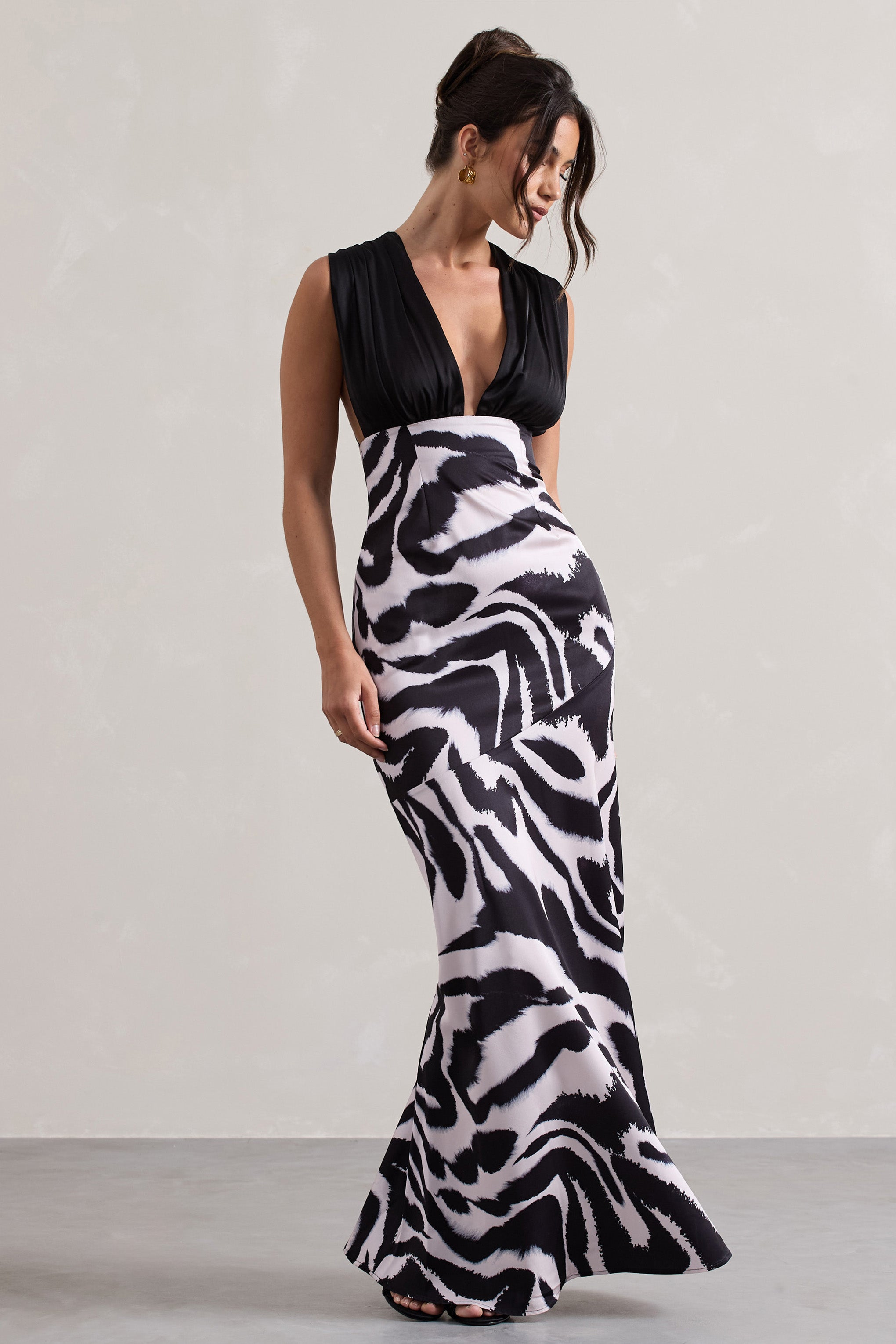 Zebra Print Satin Ruched V-Neck Maxi Dress