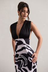 Zebra Print Satin Ruched V-Neck Maxi Dress