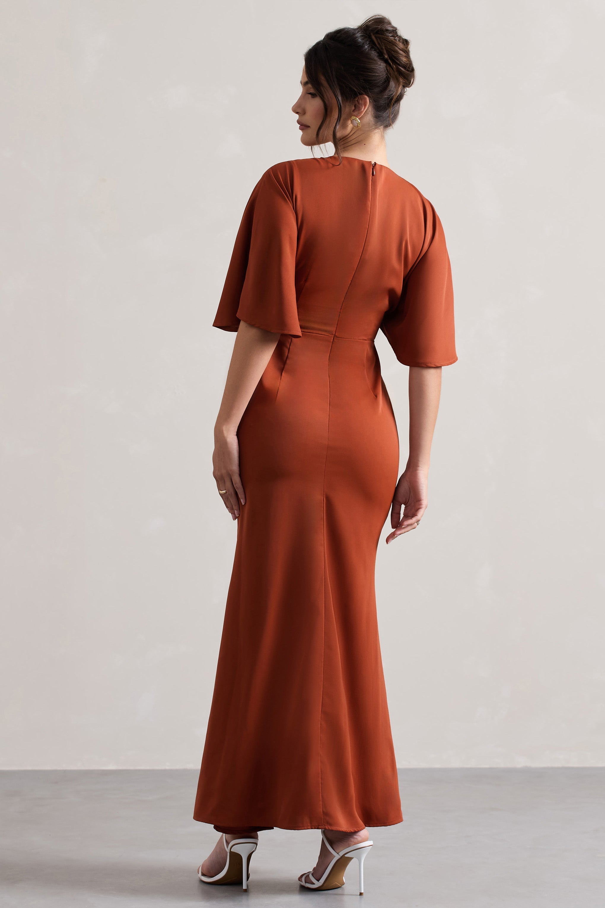 Terracotta Ruched Flutter-Sleeve Cut-Out Maxi Dress