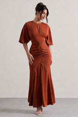 Terracotta Ruched Flutter-Sleeve Cut-Out Maxi Dress