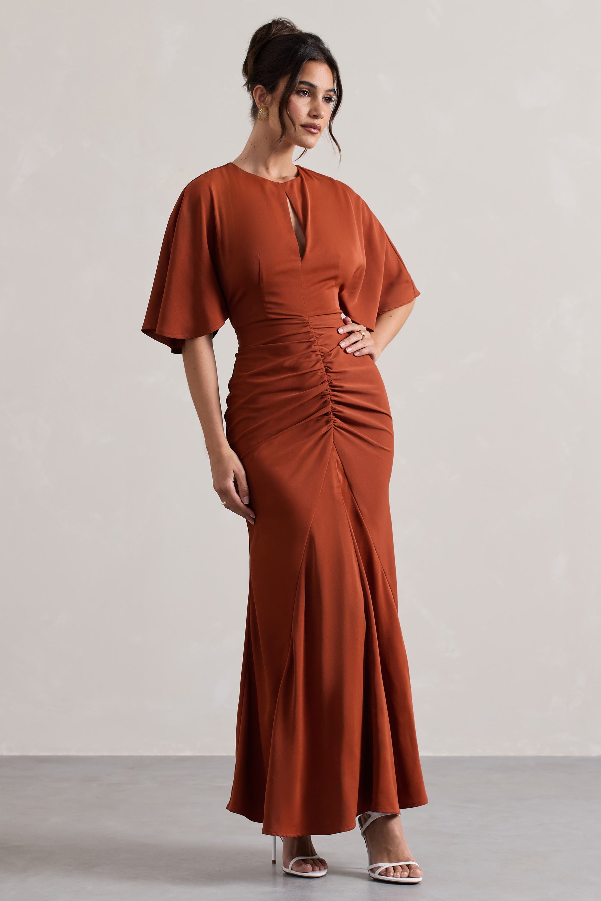 Terracotta Ruched Flutter-Sleeve Cut-Out Maxi Dress