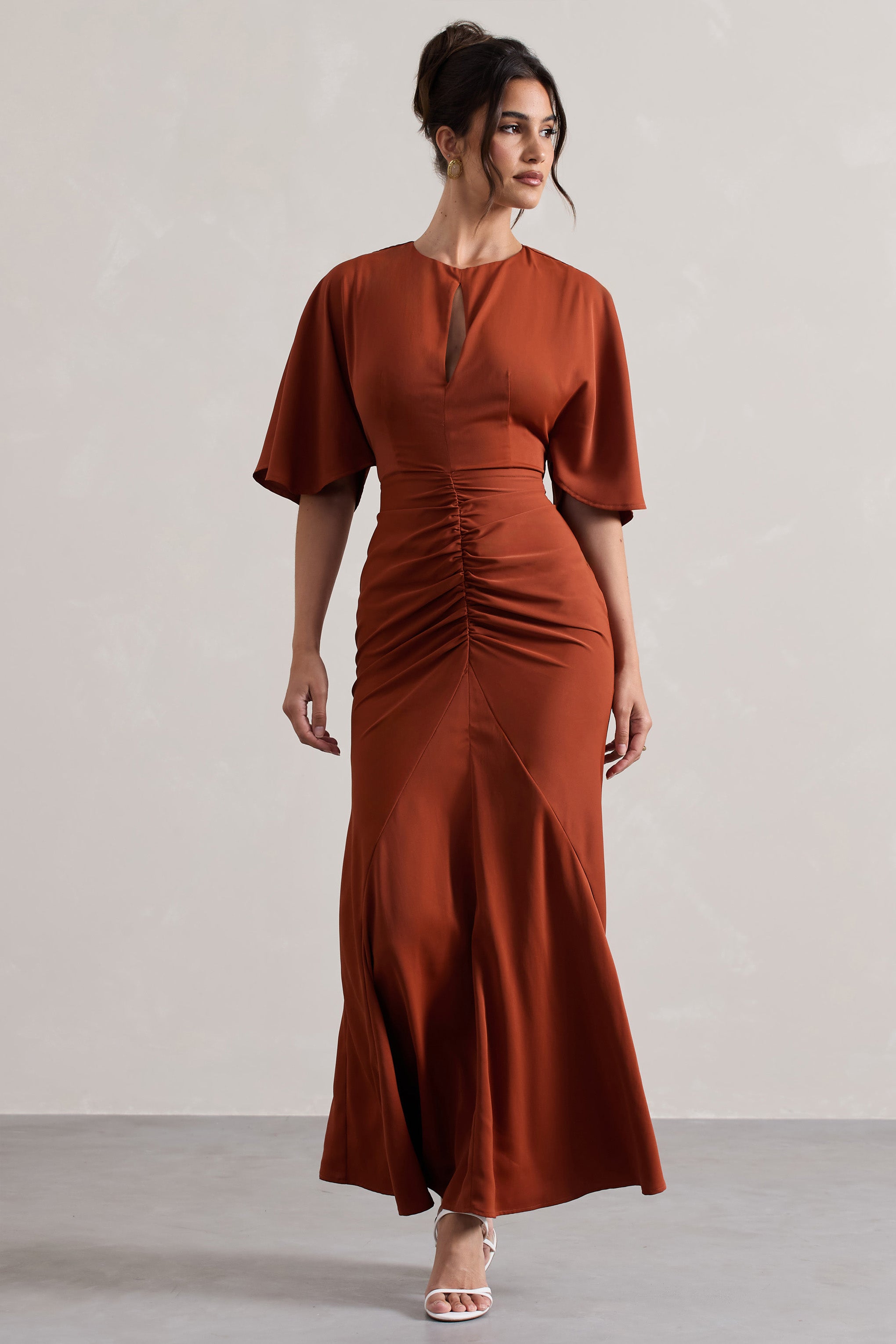 Terracotta Ruched Flutter-Sleeve Cut-Out Maxi Dress