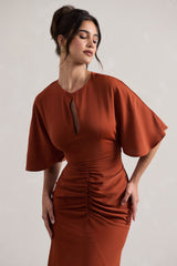 Terracotta Ruched Flutter-Sleeve Cut-Out Maxi Dress