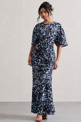 Animal Print Ruched Flutter-Sleeve Cut-Out Maxi Dress