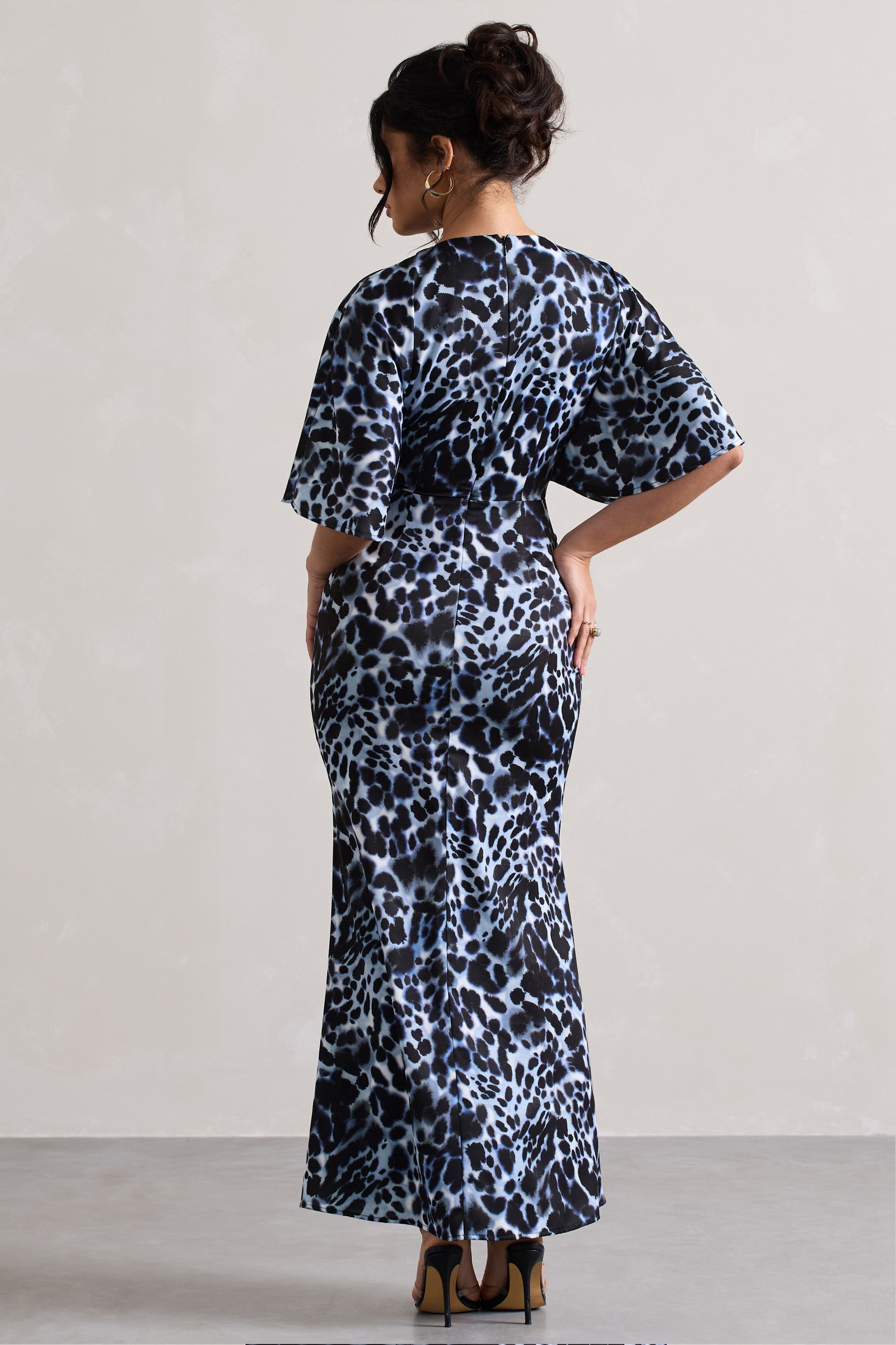 Animal Print Ruched Flutter-Sleeve Cut-Out Maxi Dress