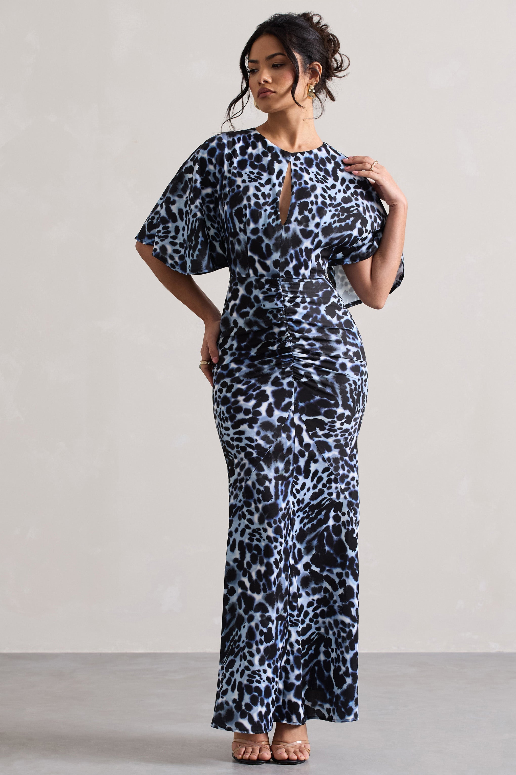 Animal Print Ruched Flutter-Sleeve Cut-Out Maxi Dress