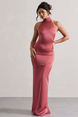 Vintage Berry Satin High-Neck Maxi Dress