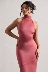 Vintage Berry Satin High-Neck Maxi Dress