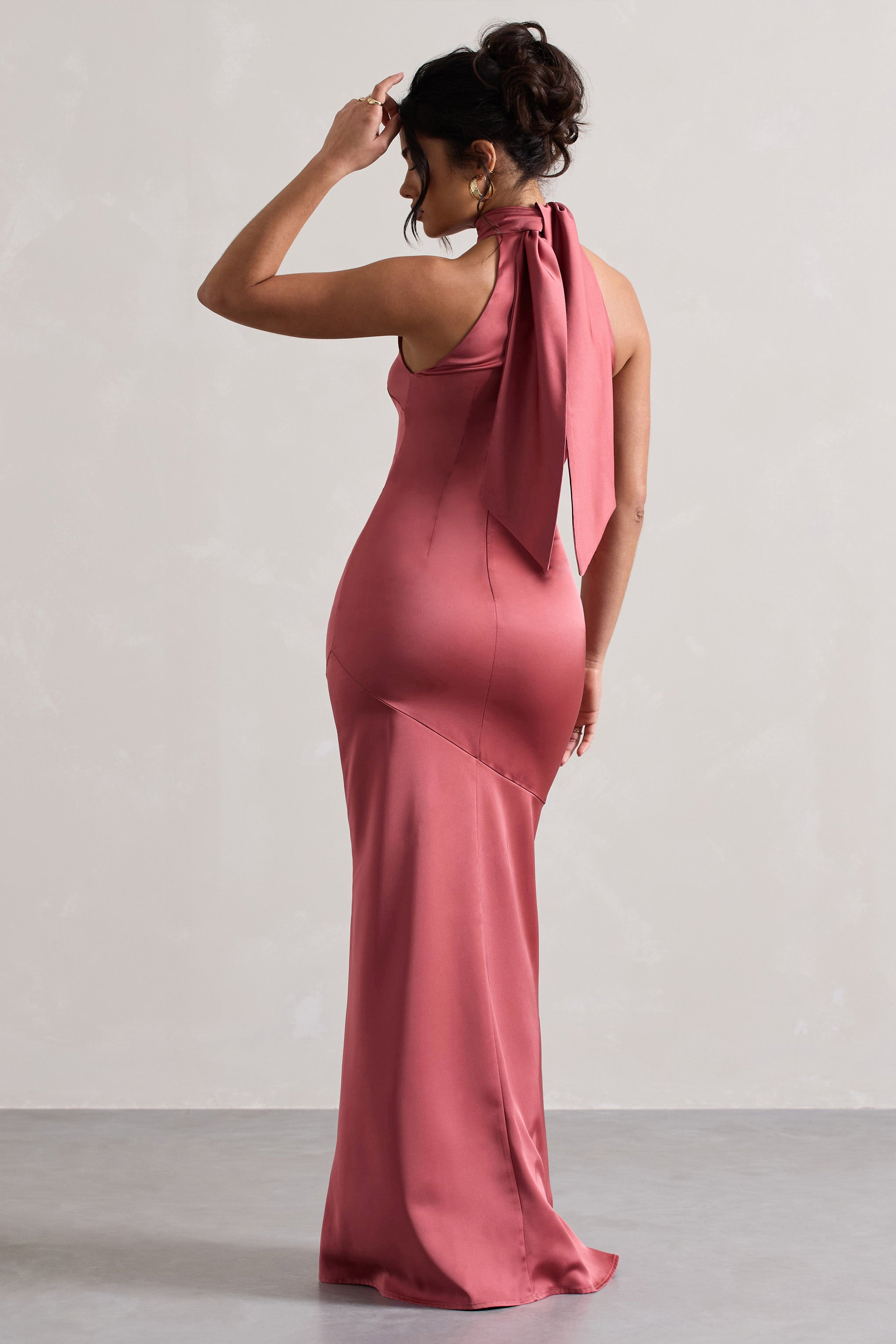 Vintage Berry Satin High-Neck Maxi Dress