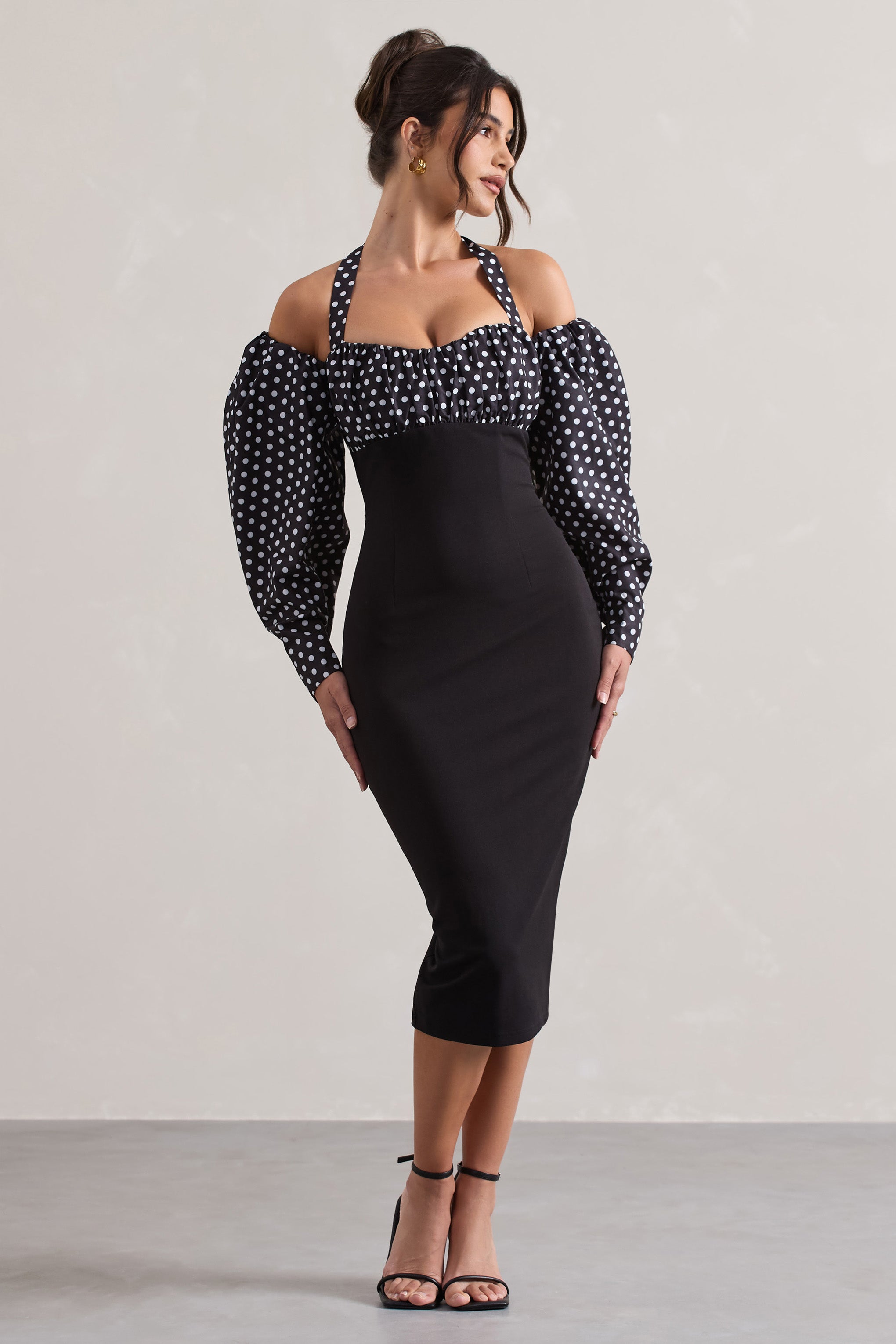 Black & White Polka Dot Halter-Neck Puff Sleeve Midi Dress