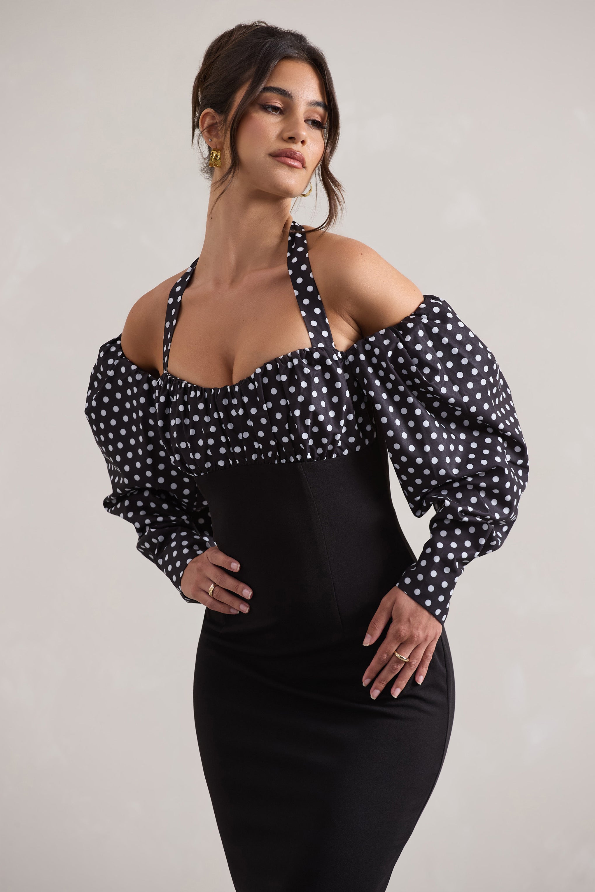 Black & White Polka Dot Halter-Neck Puff Sleeve Midi Dress
