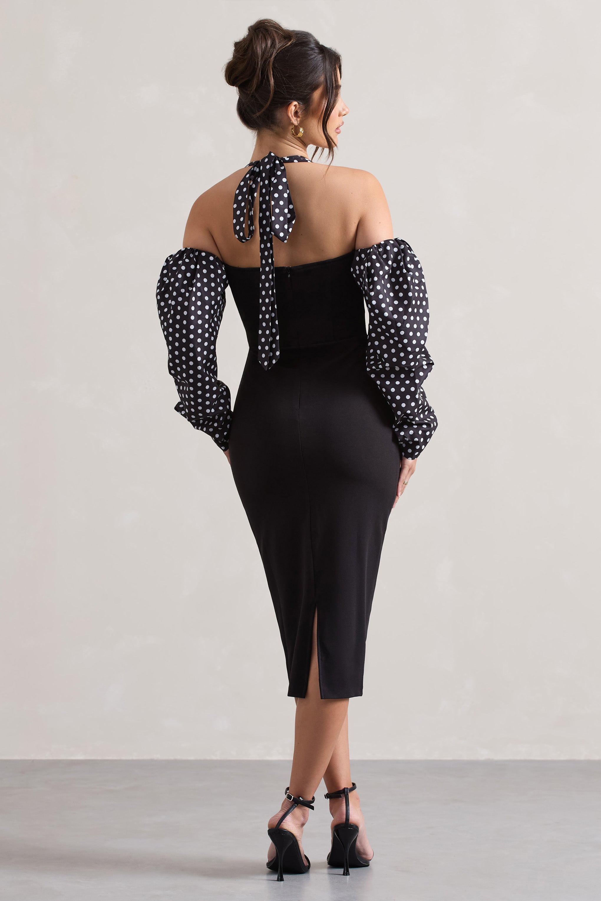 Black & White Polka Dot Halter-Neck Puff Sleeve Midi Dress
