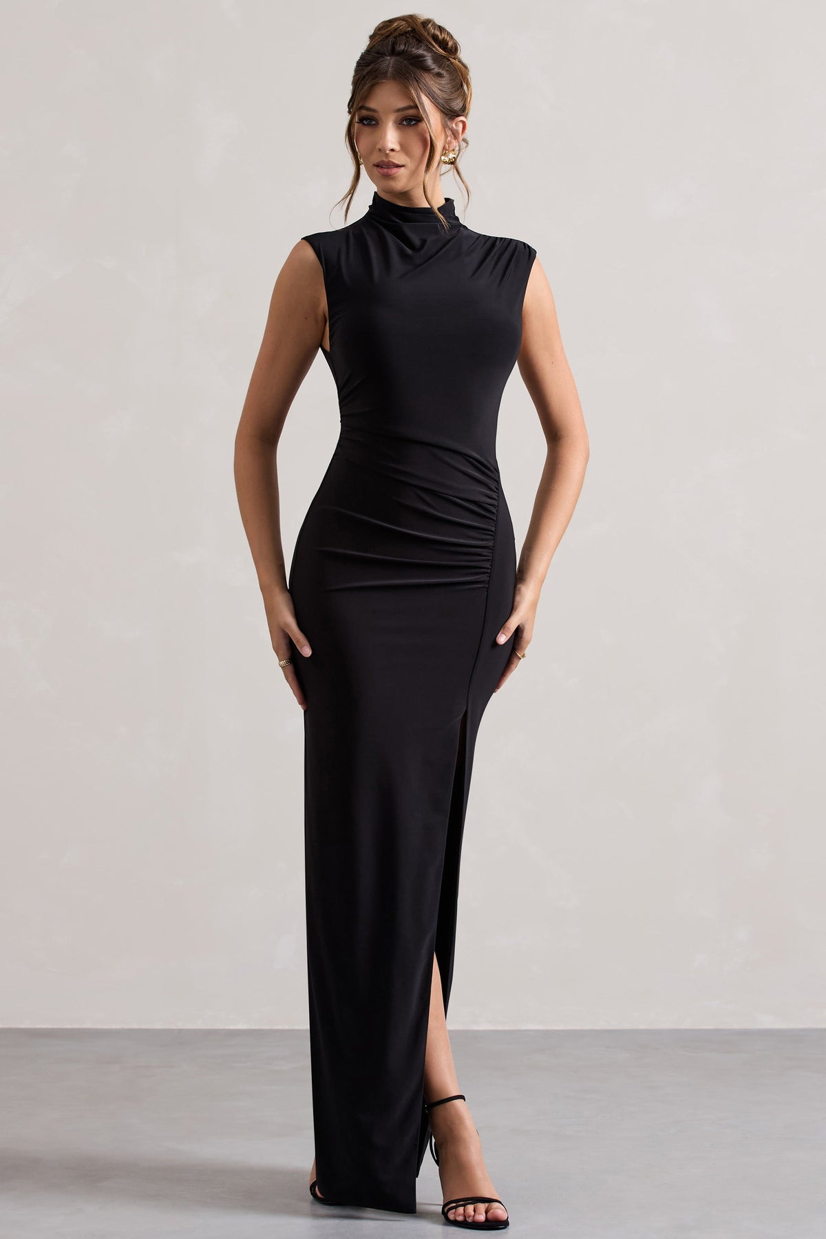 Black Ruched High-Neck Maxi Dress With Split