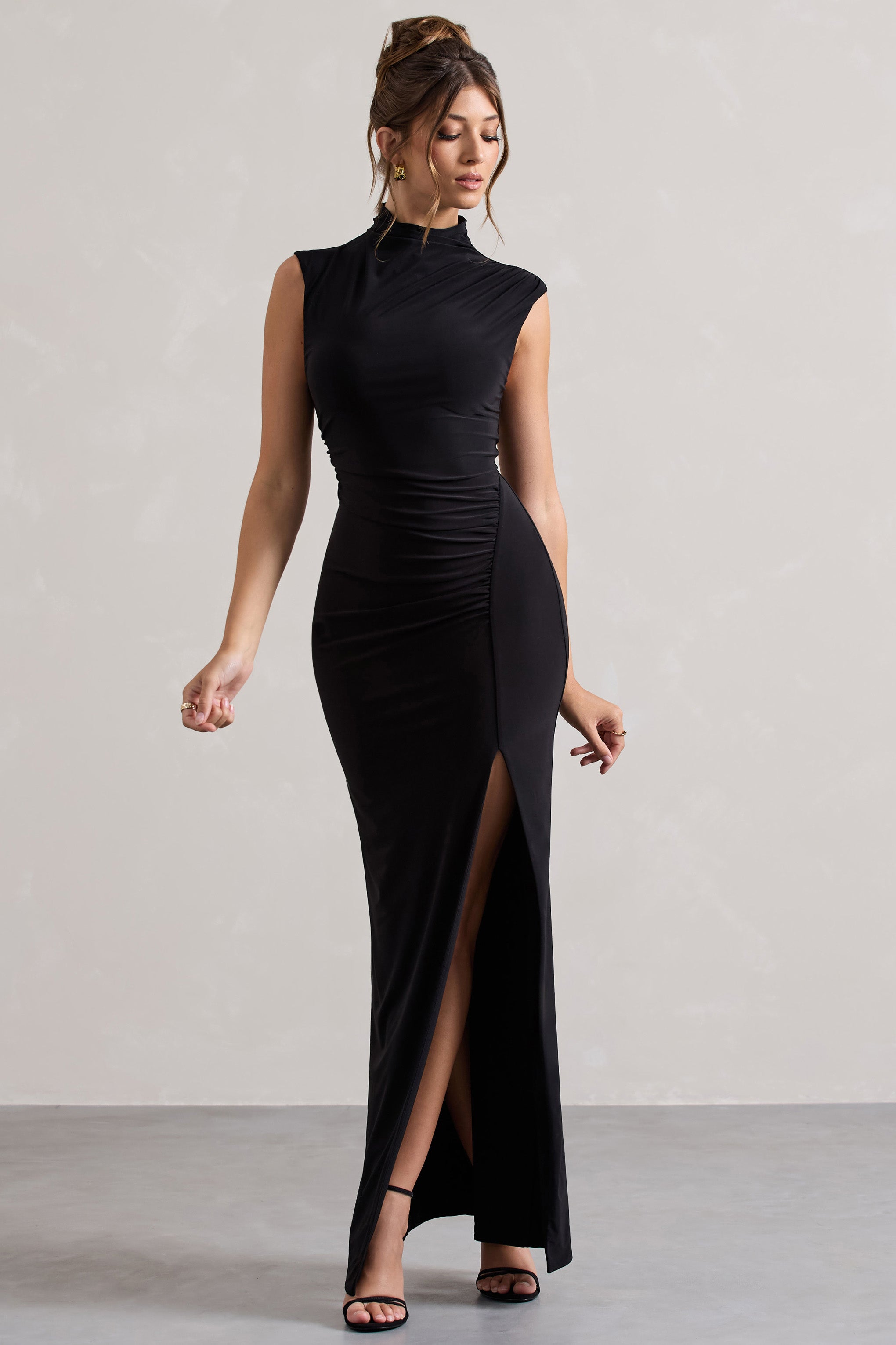 Black Ruched High-Neck Maxi Dress With Split