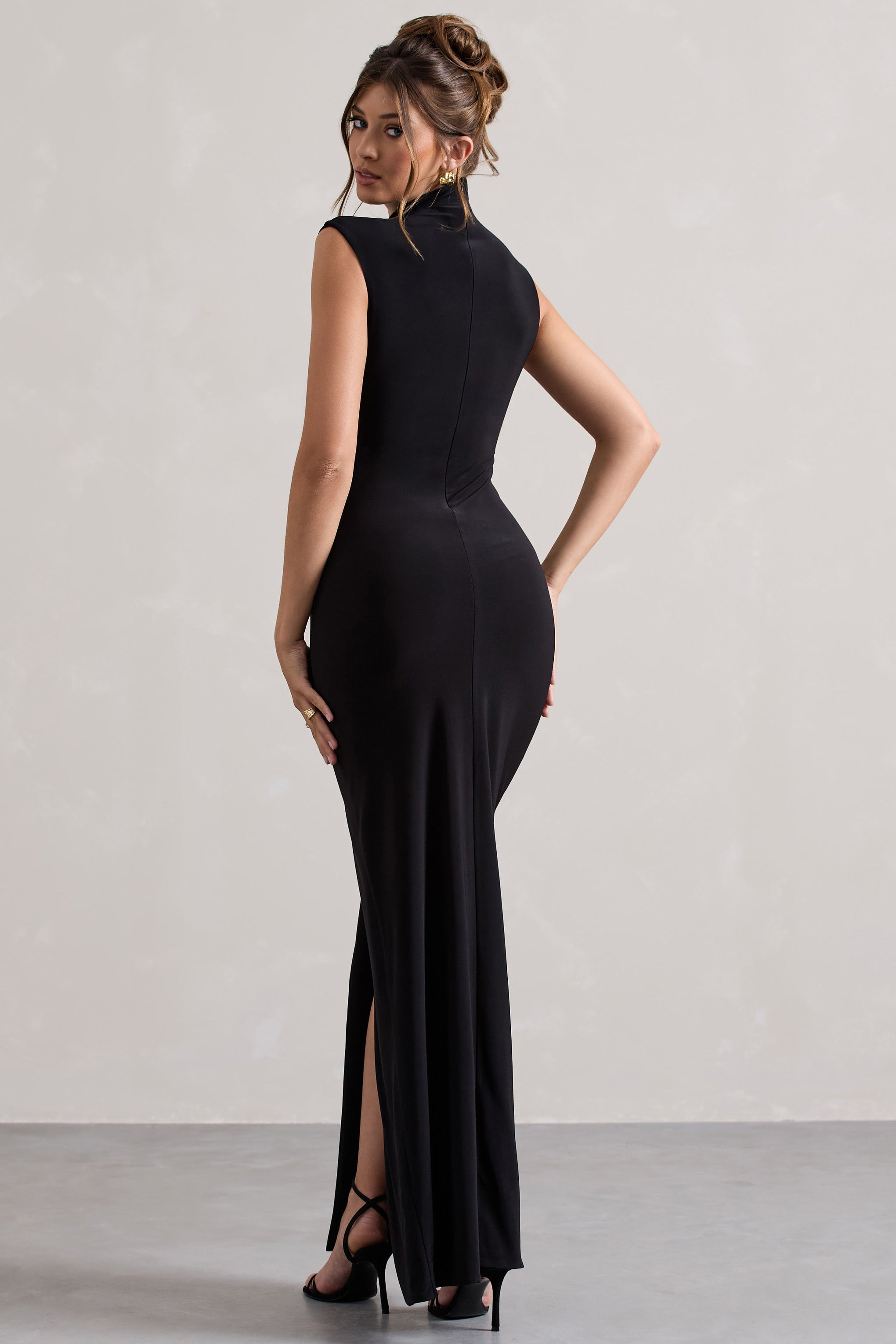 Black Ruched High-Neck Maxi Dress With Split