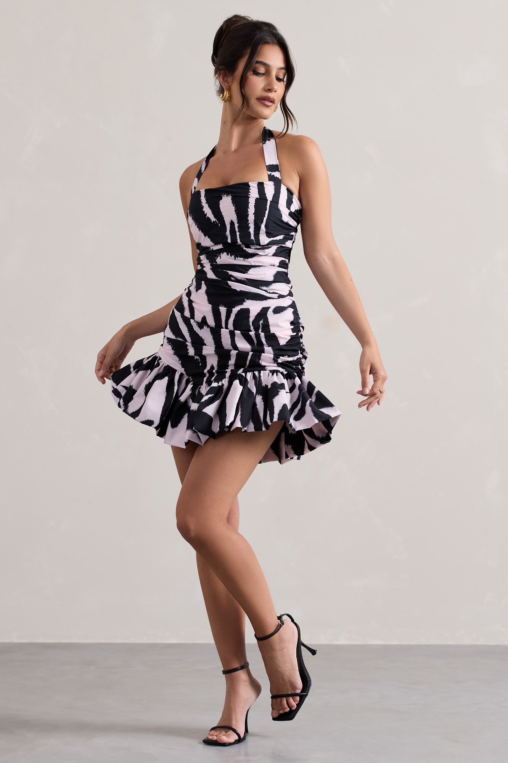 Zebra Print Halter-Neck Ruched Mini Dress With Ruffle Hem