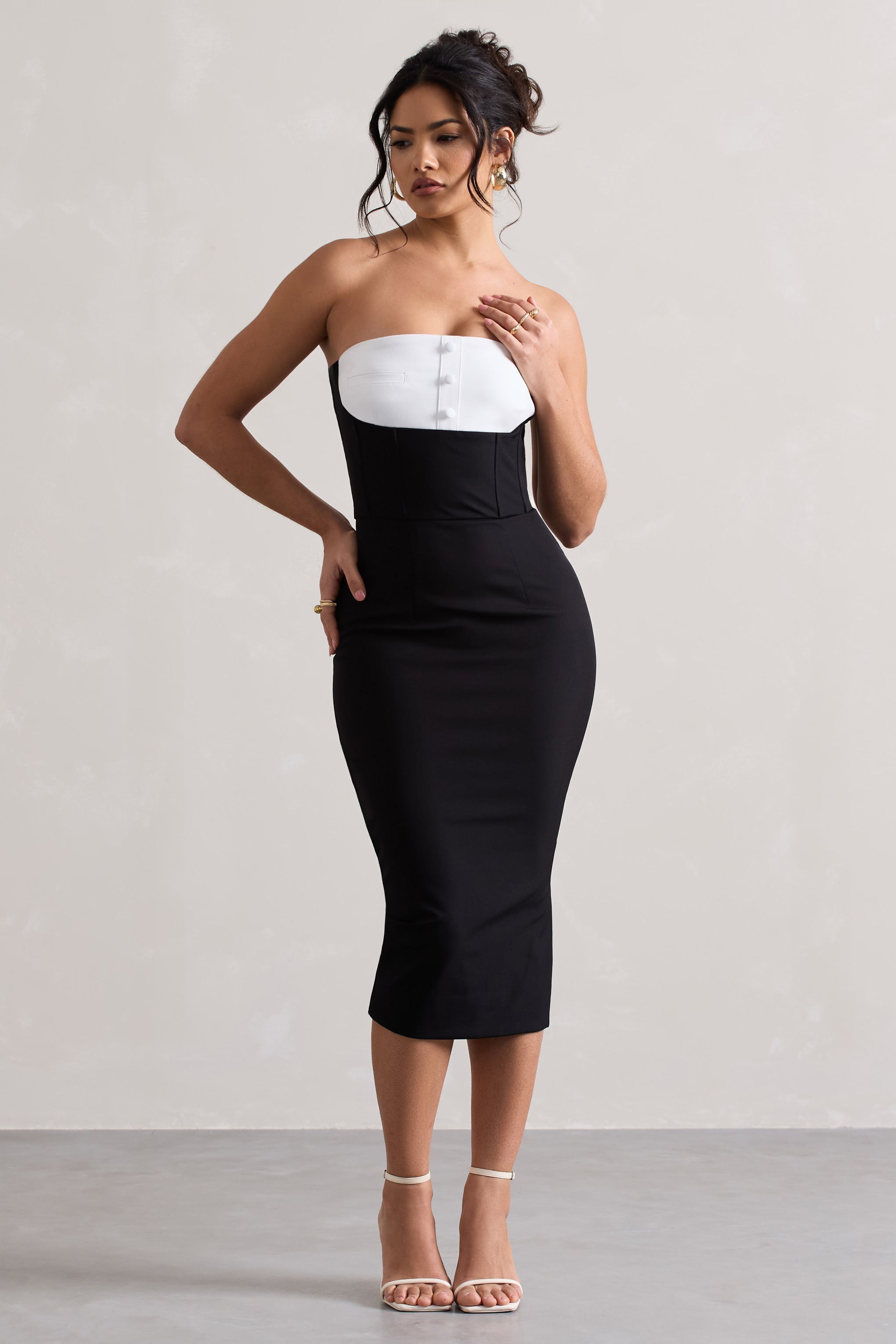 Black Tailored Bandeau Split Midi Dress