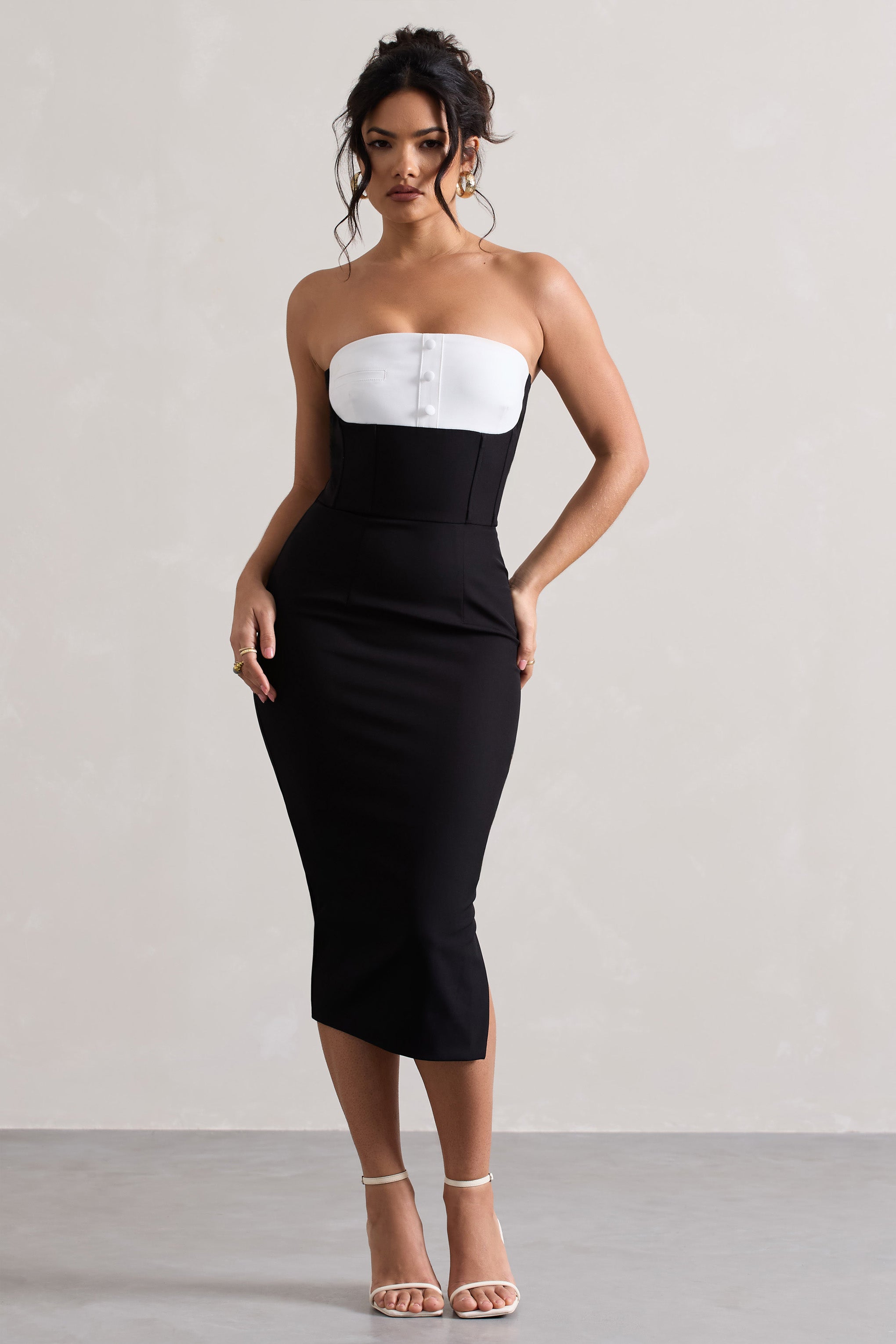 Black Tailored Bandeau Split Midi Dress