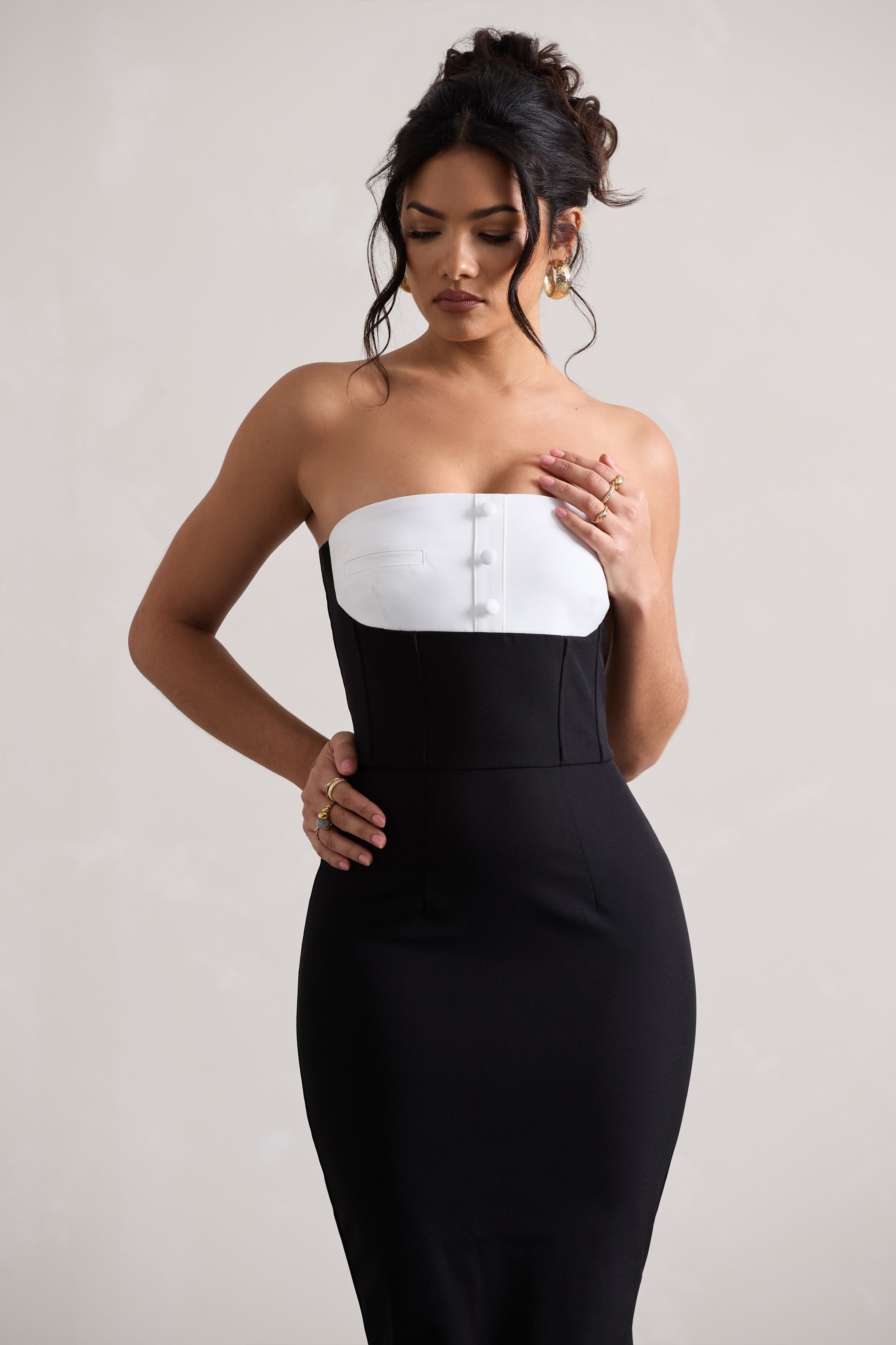 Black Tailored Bandeau Split Midi Dress