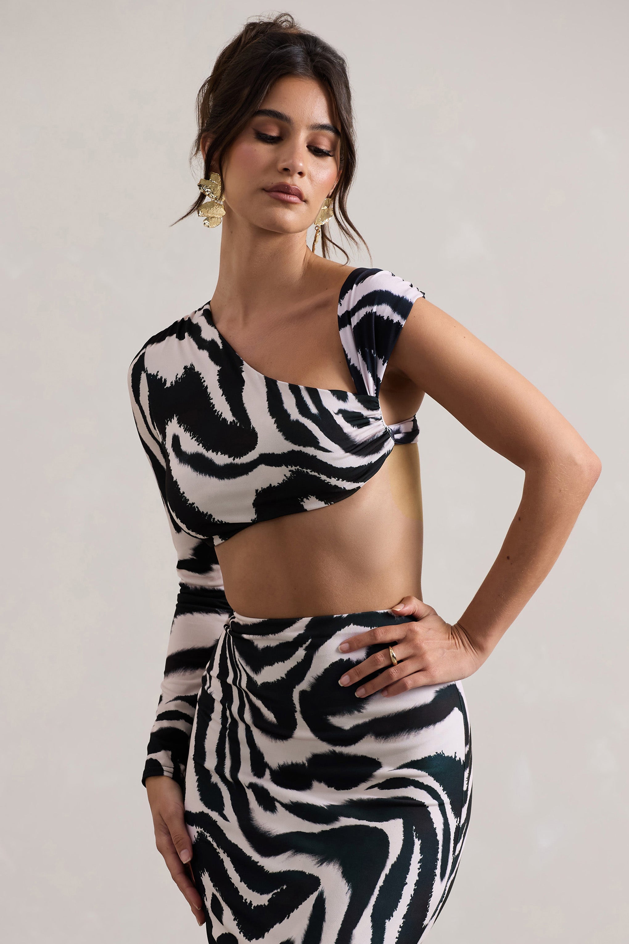 Zebra Print Ruched Asymmetric One-Sleeve Crop Top