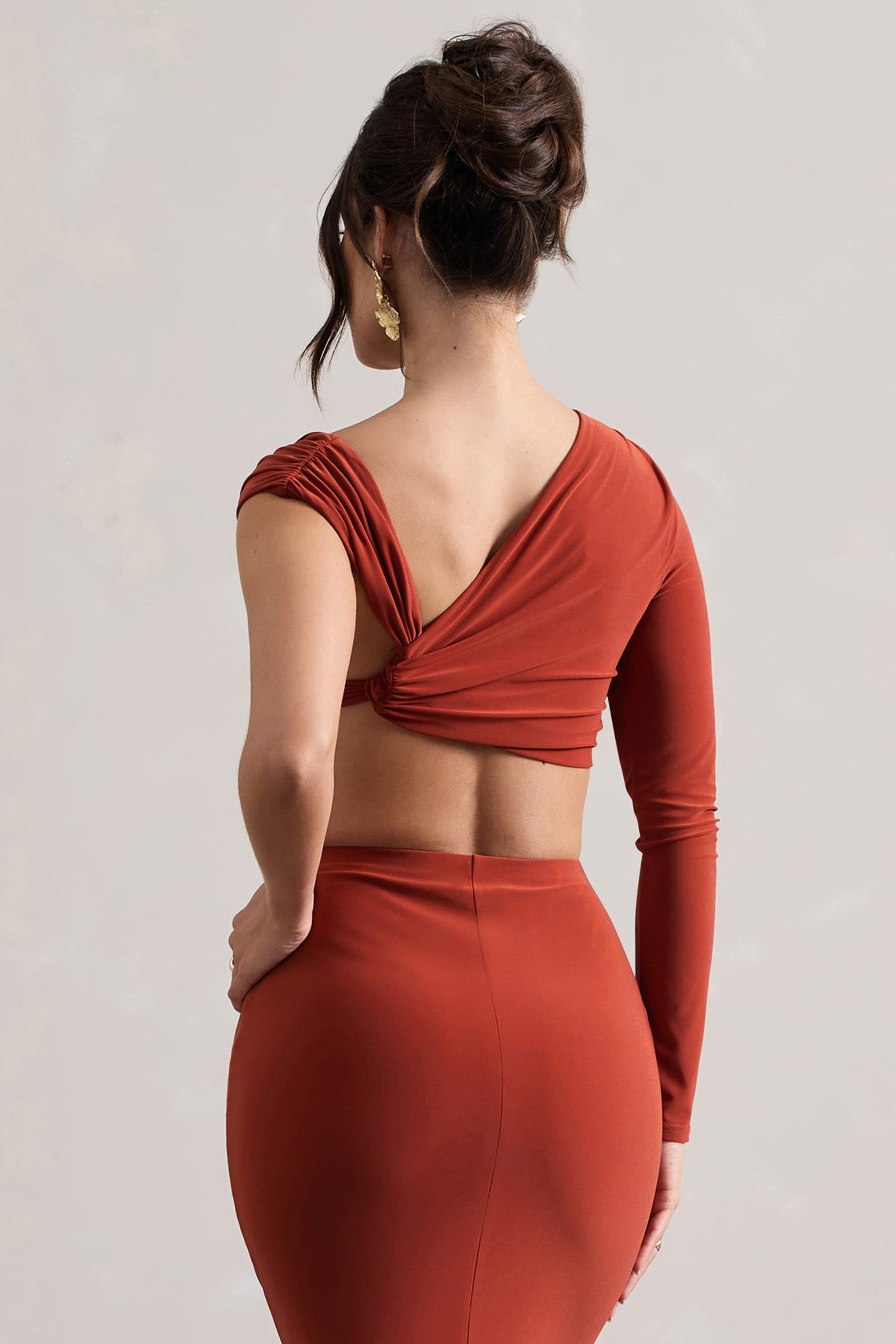 Terracotta Ruched Asymmetric One-Sleeve Crop Top