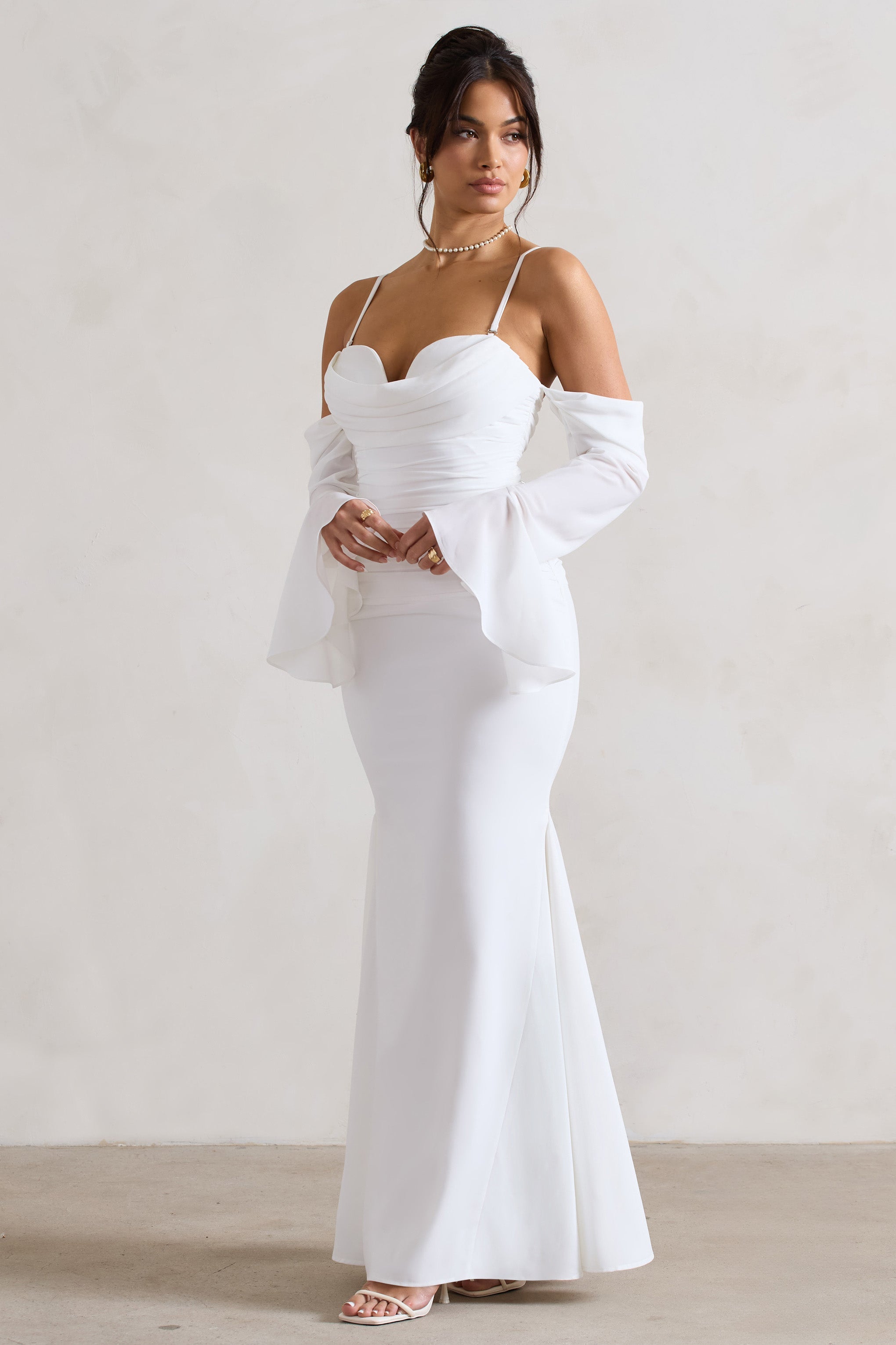 Cream Draped Flared-Sleeve Fishtail Maxi Dress