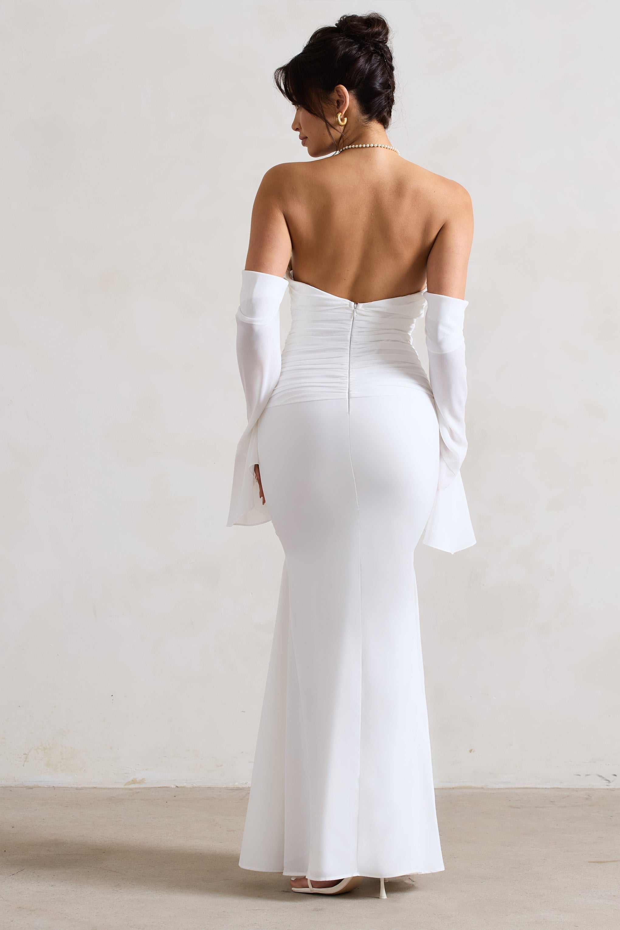 Cream Draped Flared-Sleeve Fishtail Maxi Dress