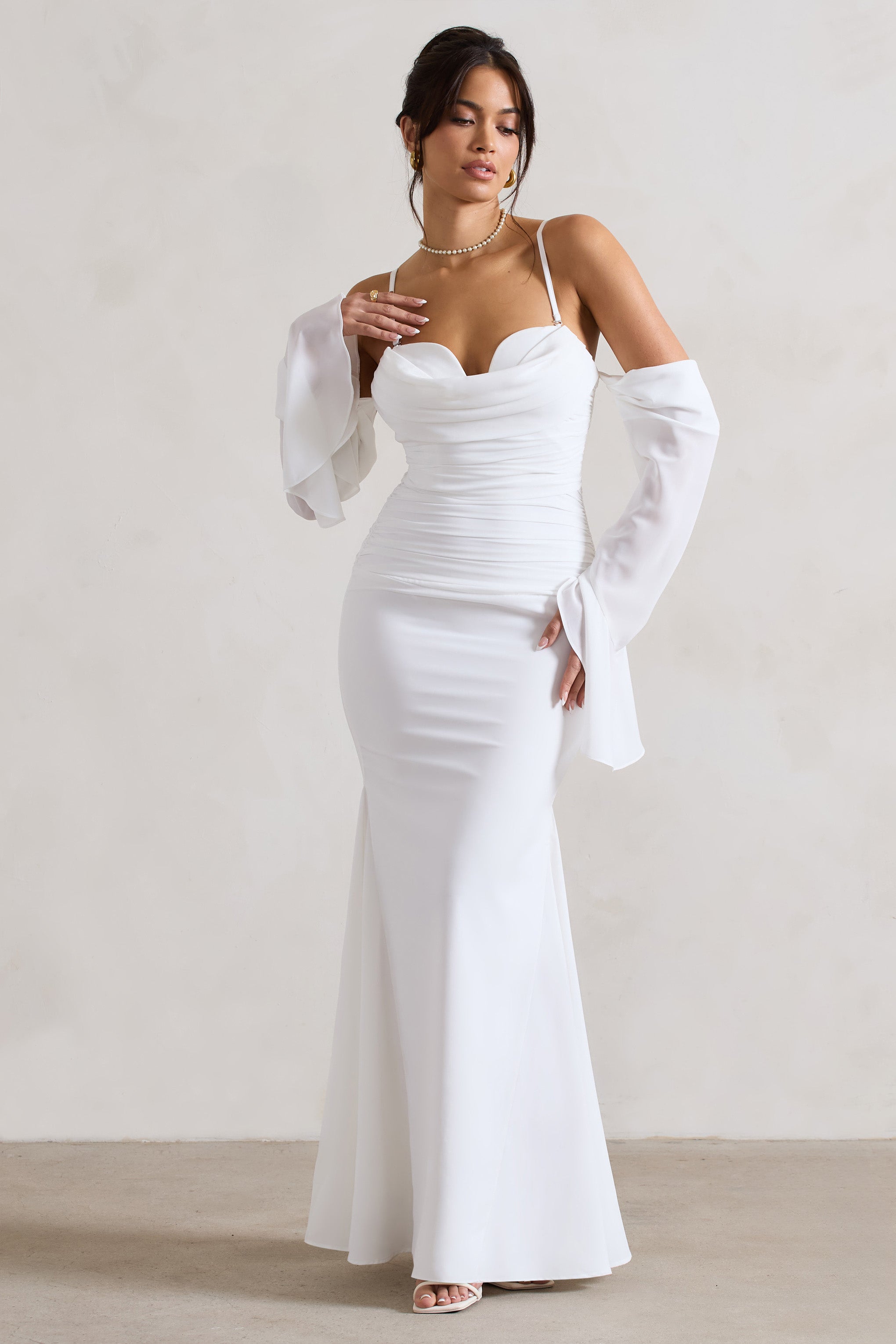 Cream Draped Flared-Sleeve Fishtail Maxi Dress