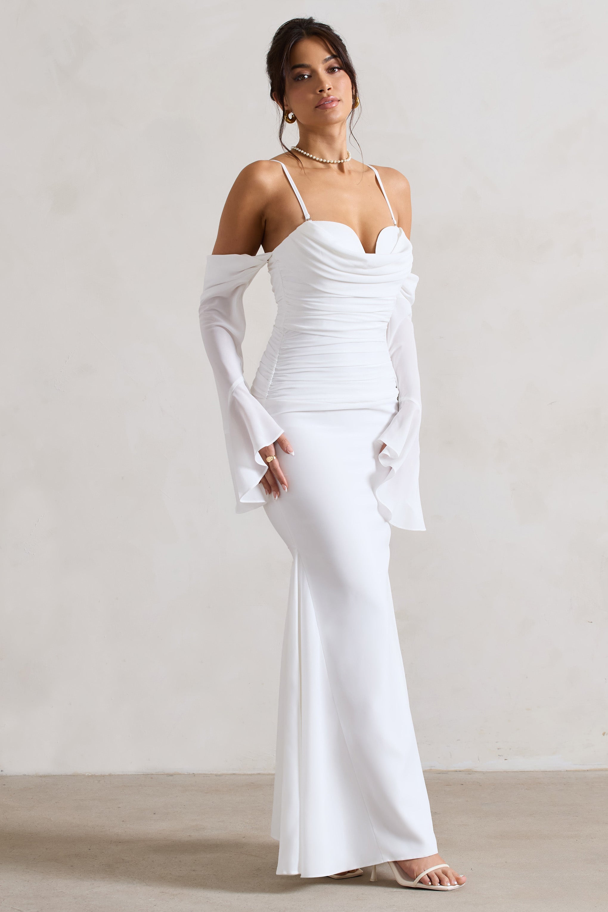 Cream Draped Flared-Sleeve Fishtail Maxi Dress
