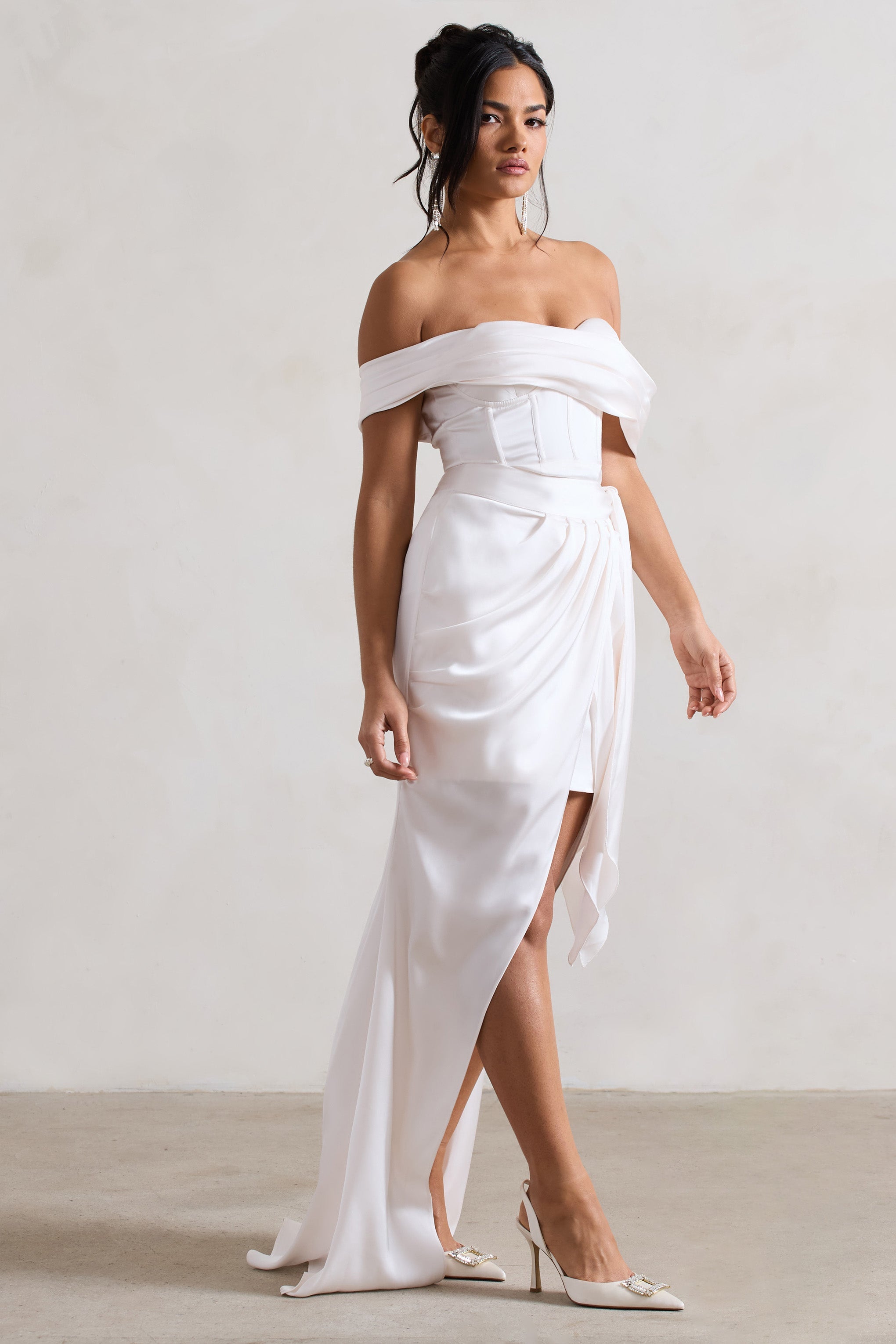 Cream Satin Bardot Maxi Dress With Detachable Skirt