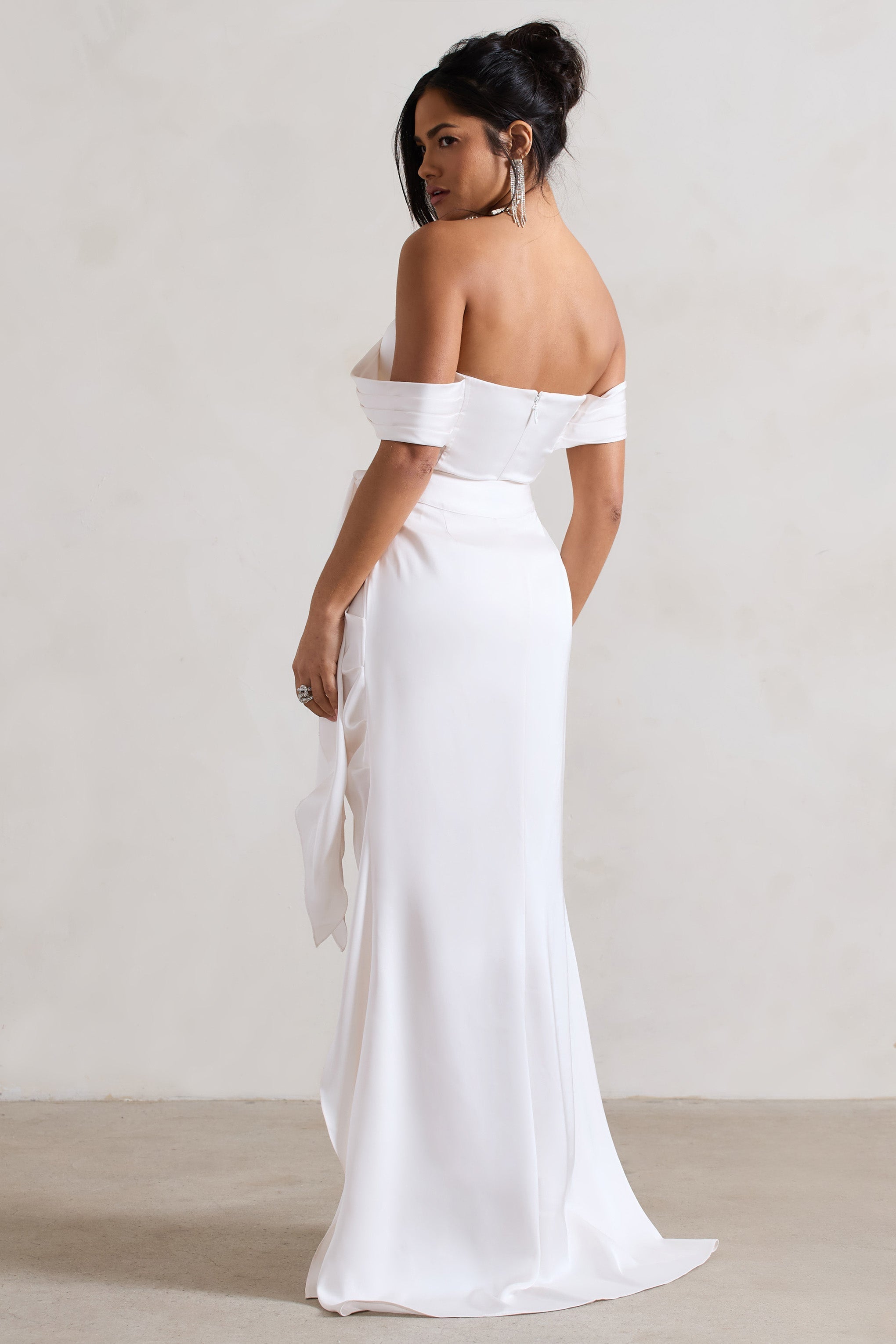 Cream Satin Bardot Maxi Dress With Detachable Skirt