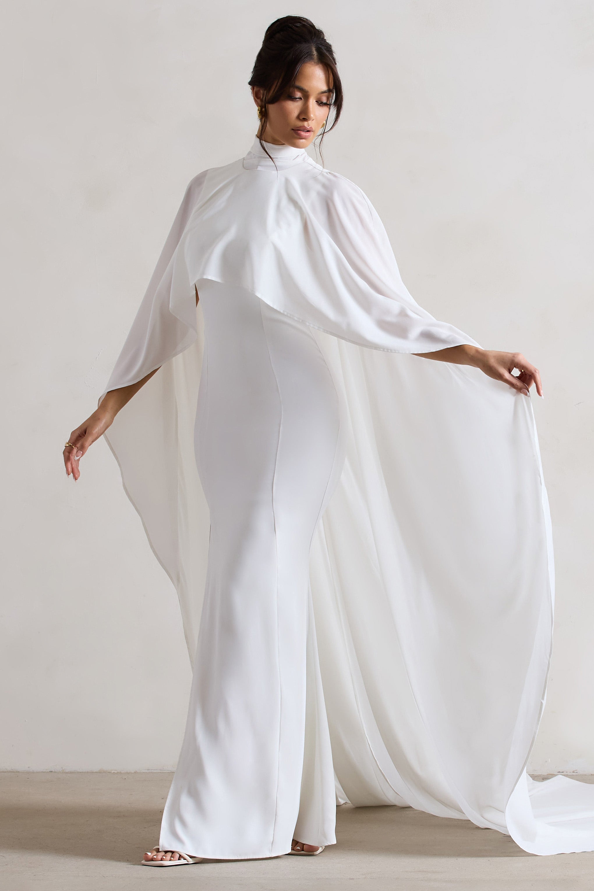 Cream Fishtail Split Maxi Dress With Chiffon Cape