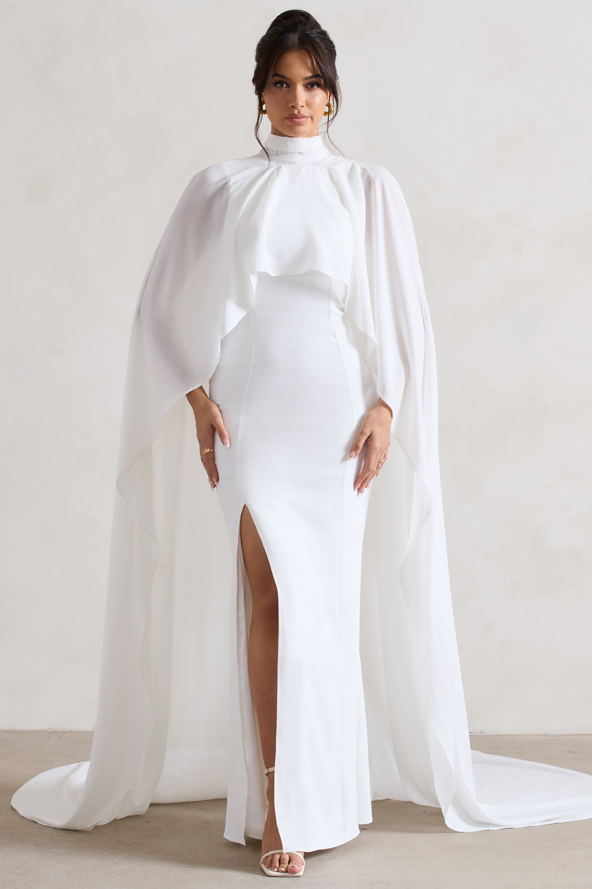 Cream Fishtail Split Maxi Dress With Chiffon Cape