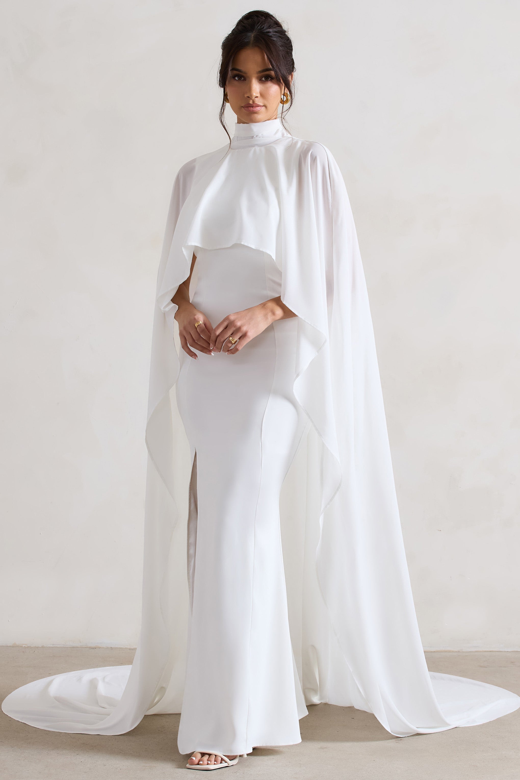 Cream Fishtail Split Maxi Dress With Chiffon Cape