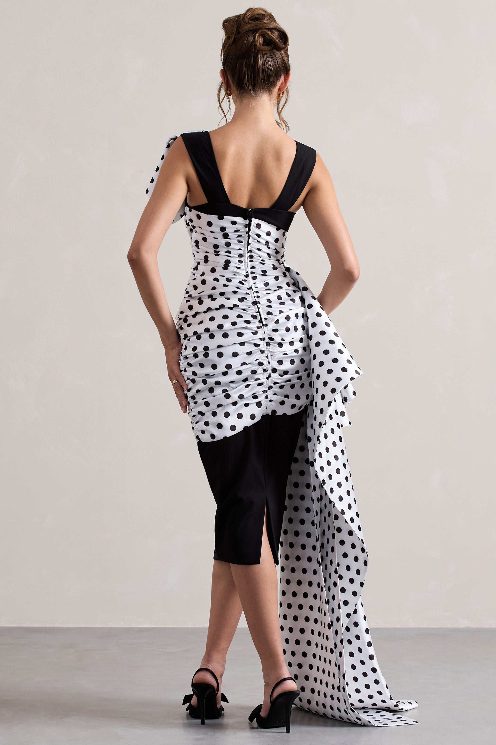 Black Polka Dot Wrap Midi Dress Volume Drape