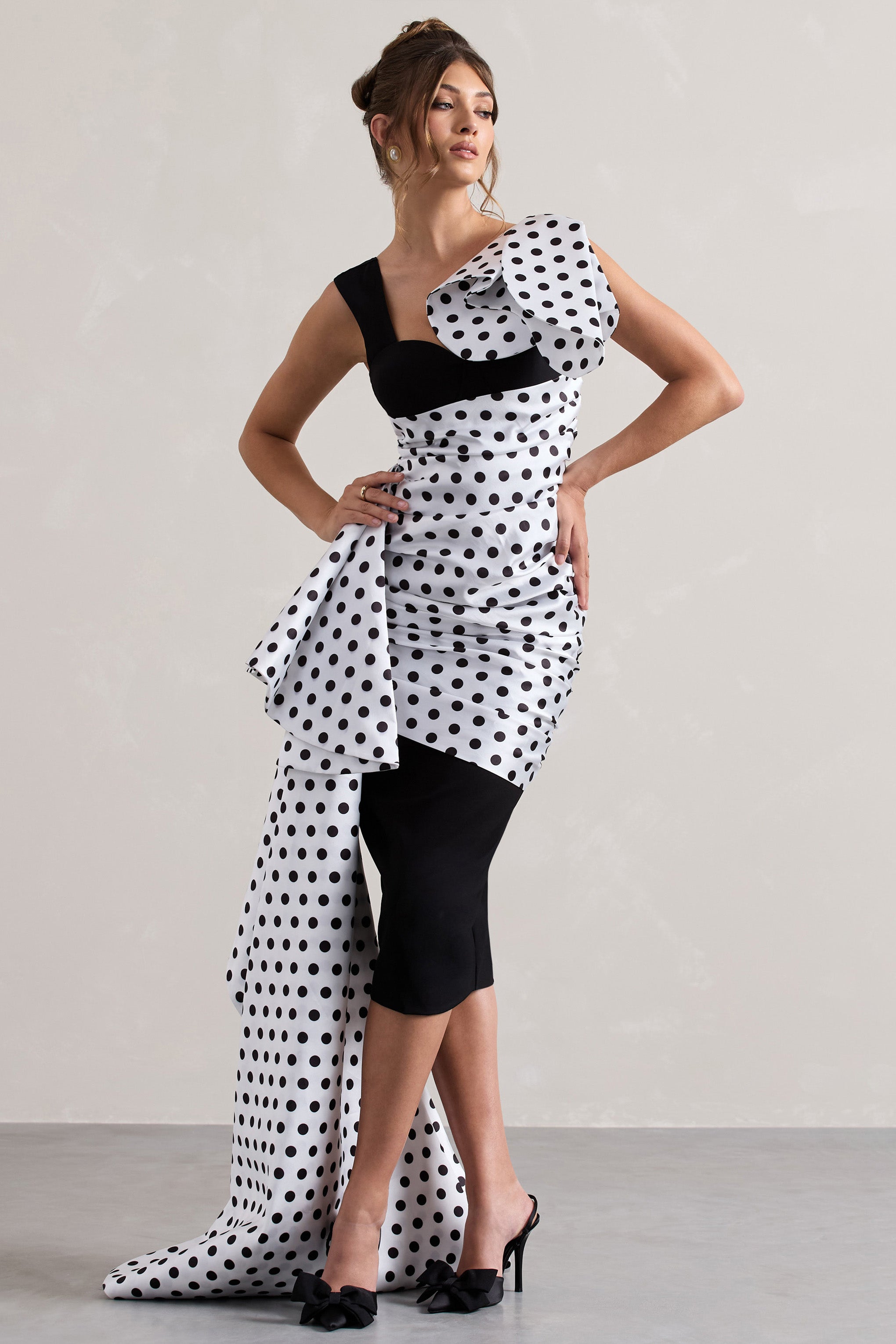 Black Polka Dot Wrap Midi Dress Volume Drape