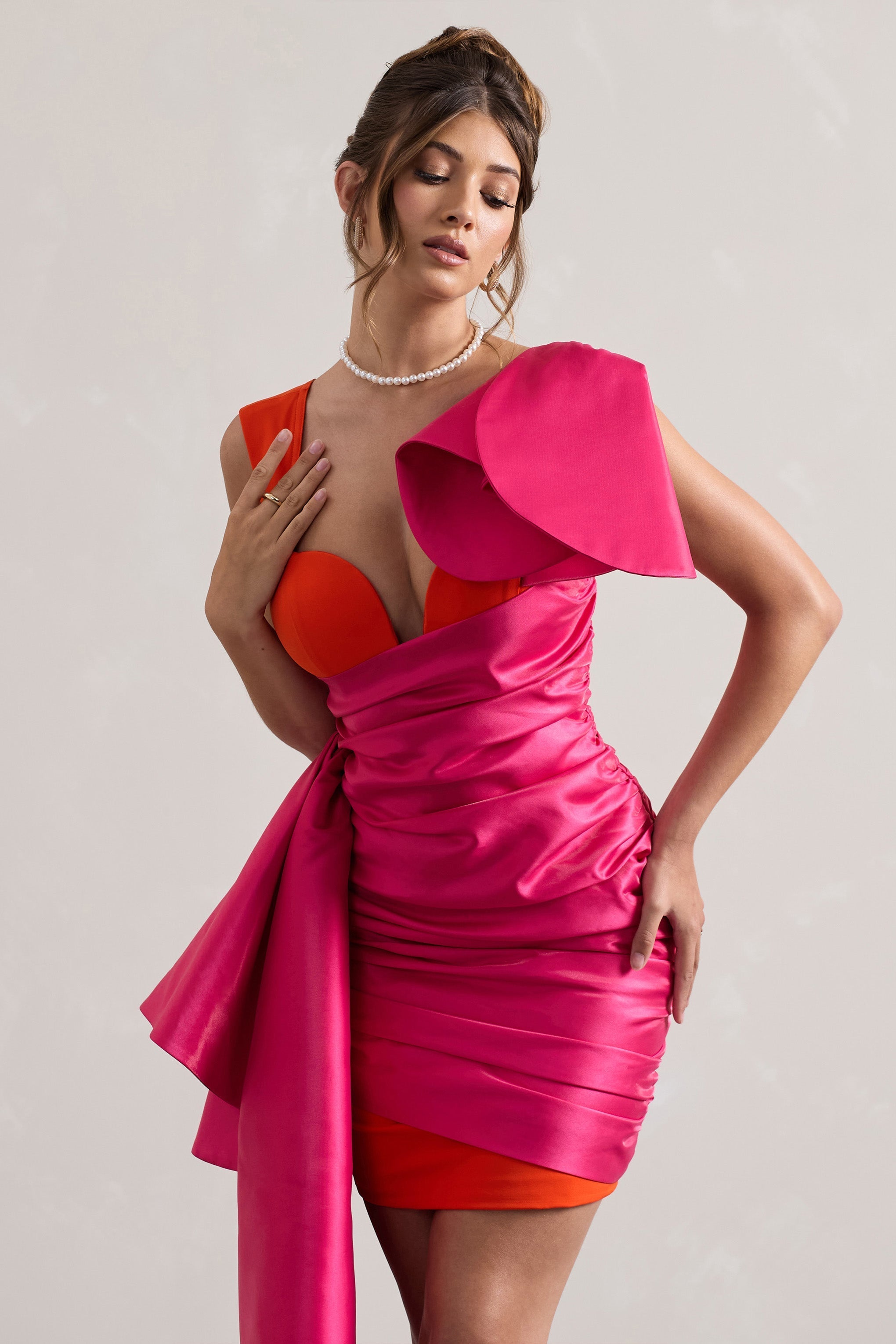 Pink & Orange Satin Wrap Mini Dress Peplum Drape