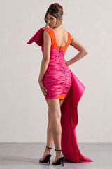 Pink & Orange Satin Wrap Mini Dress Peplum Drape
