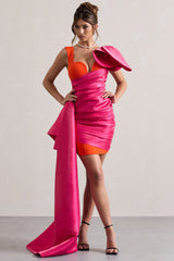 Pink & Orange Satin Wrap Mini Dress Peplum Drape
