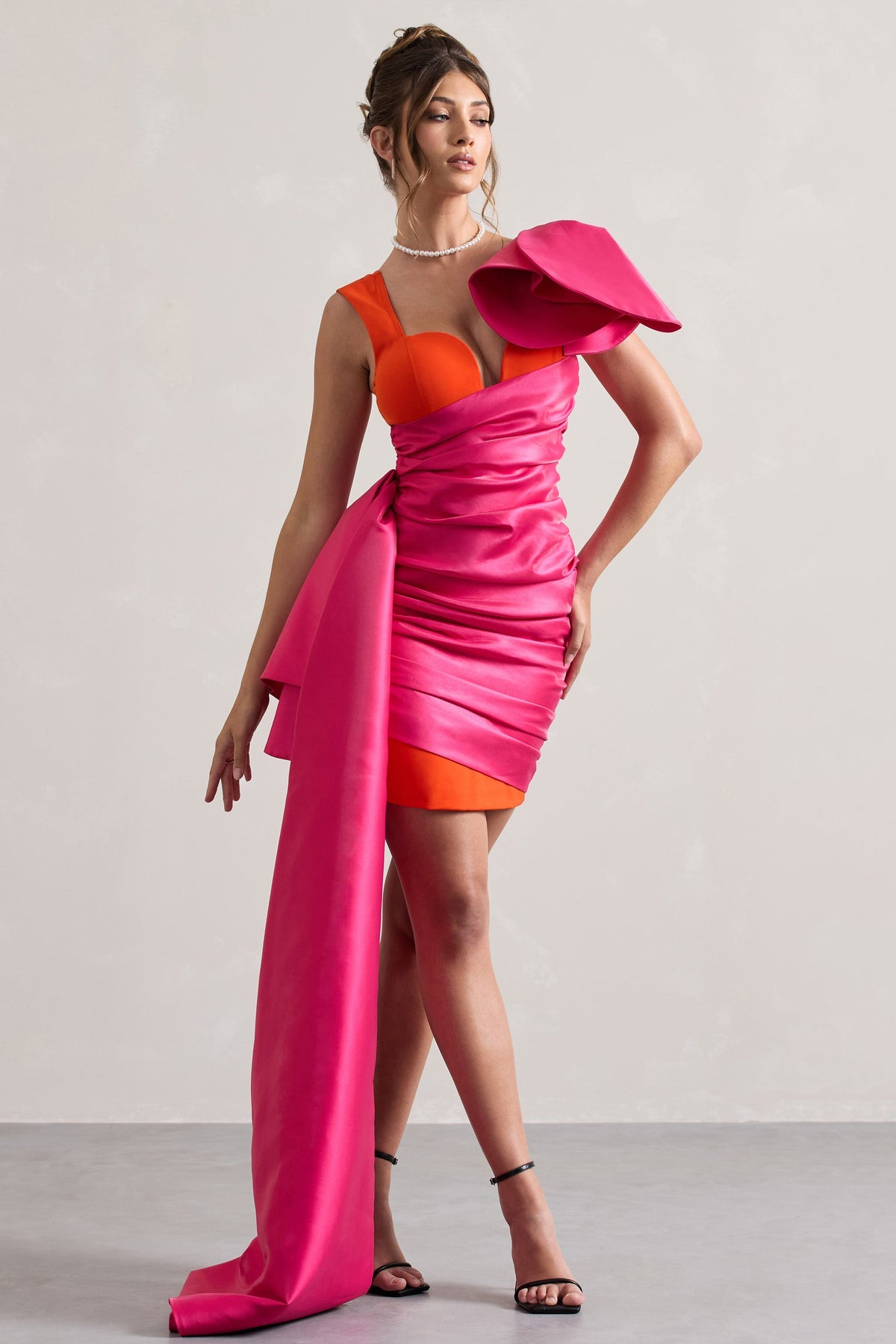 Pink & Orange Satin Wrap Mini Dress Peplum Drape