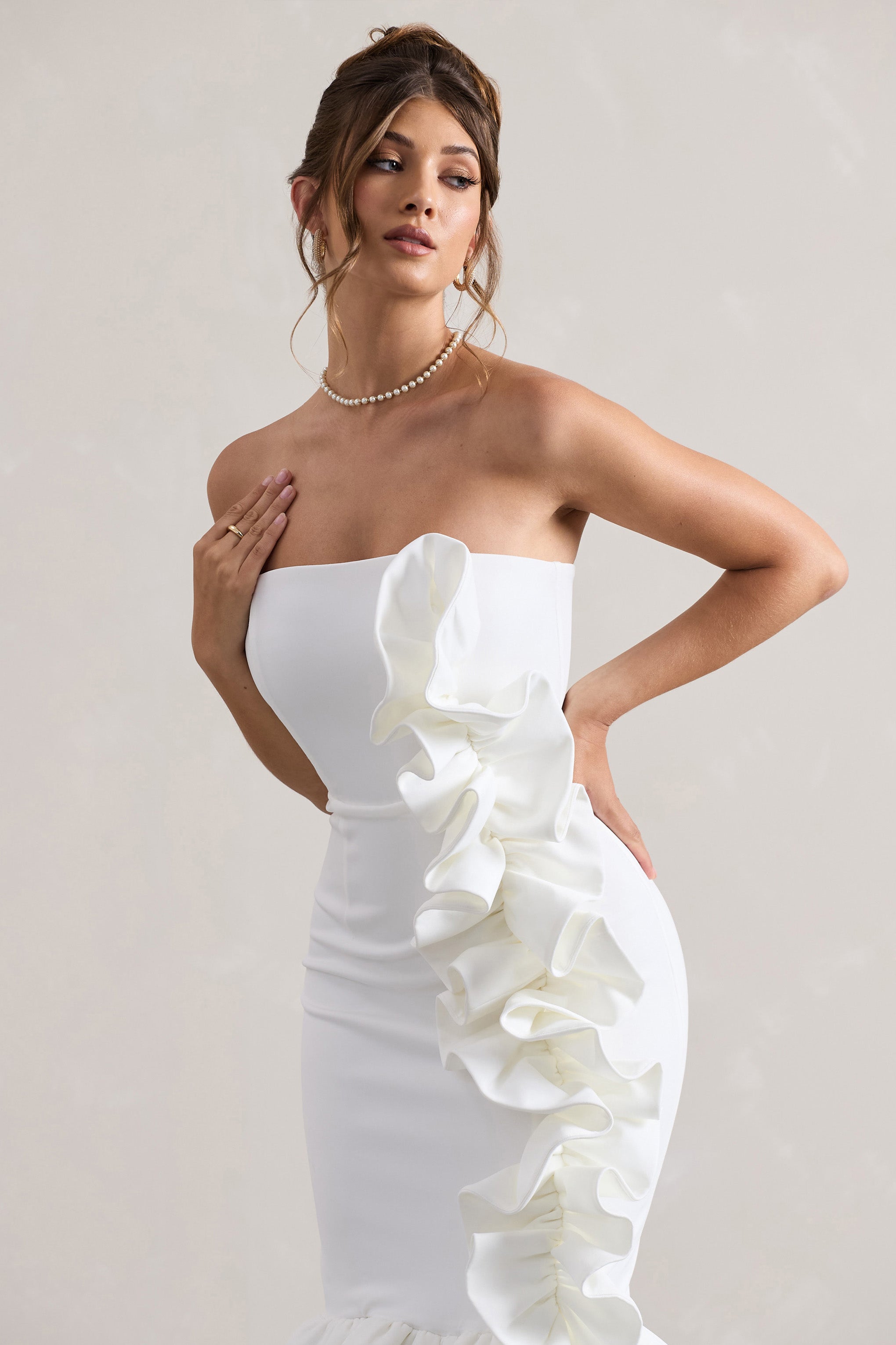 Cream Bandeau Ruffle Midi Dress