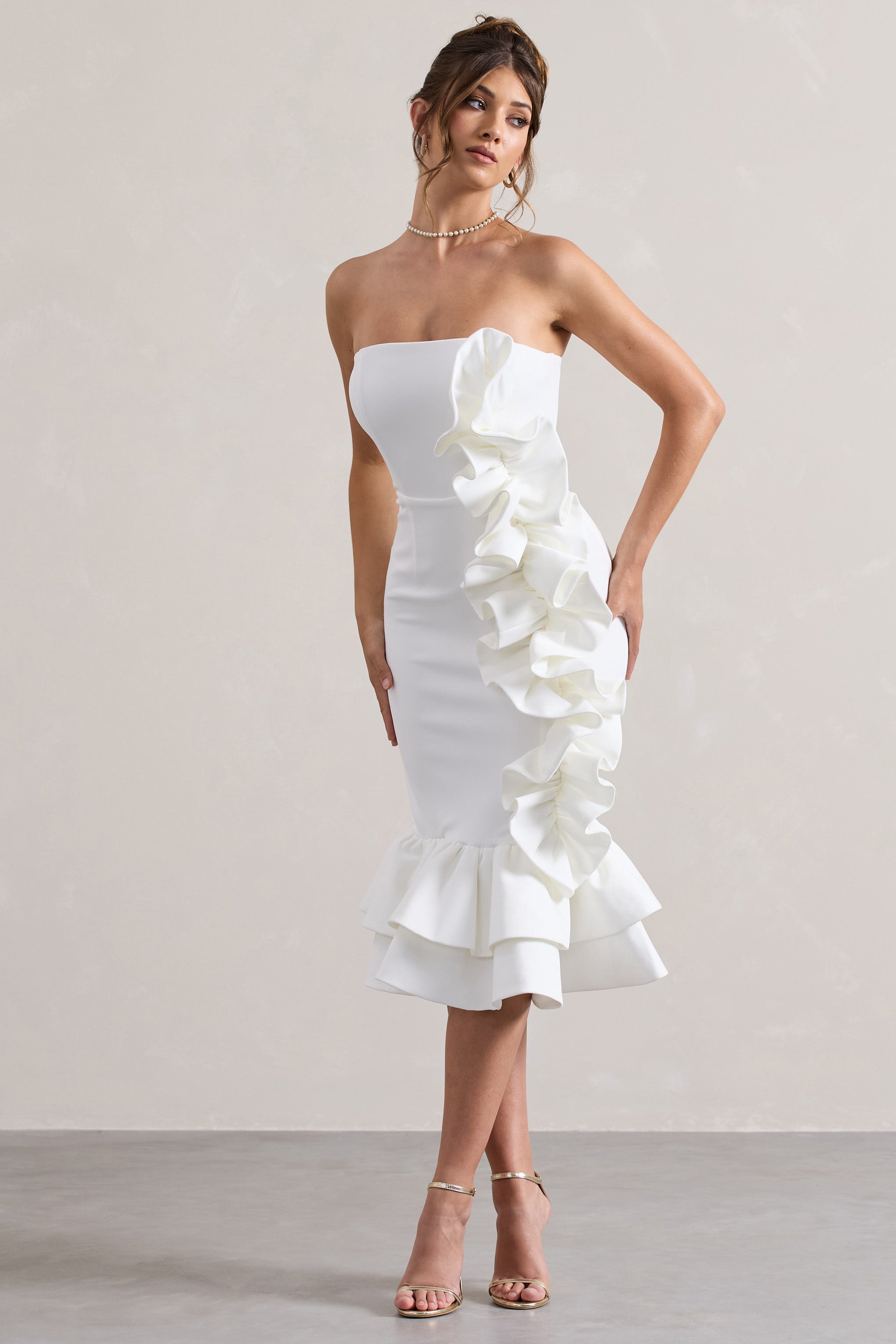 Cream Bandeau Ruffle Midi Dress