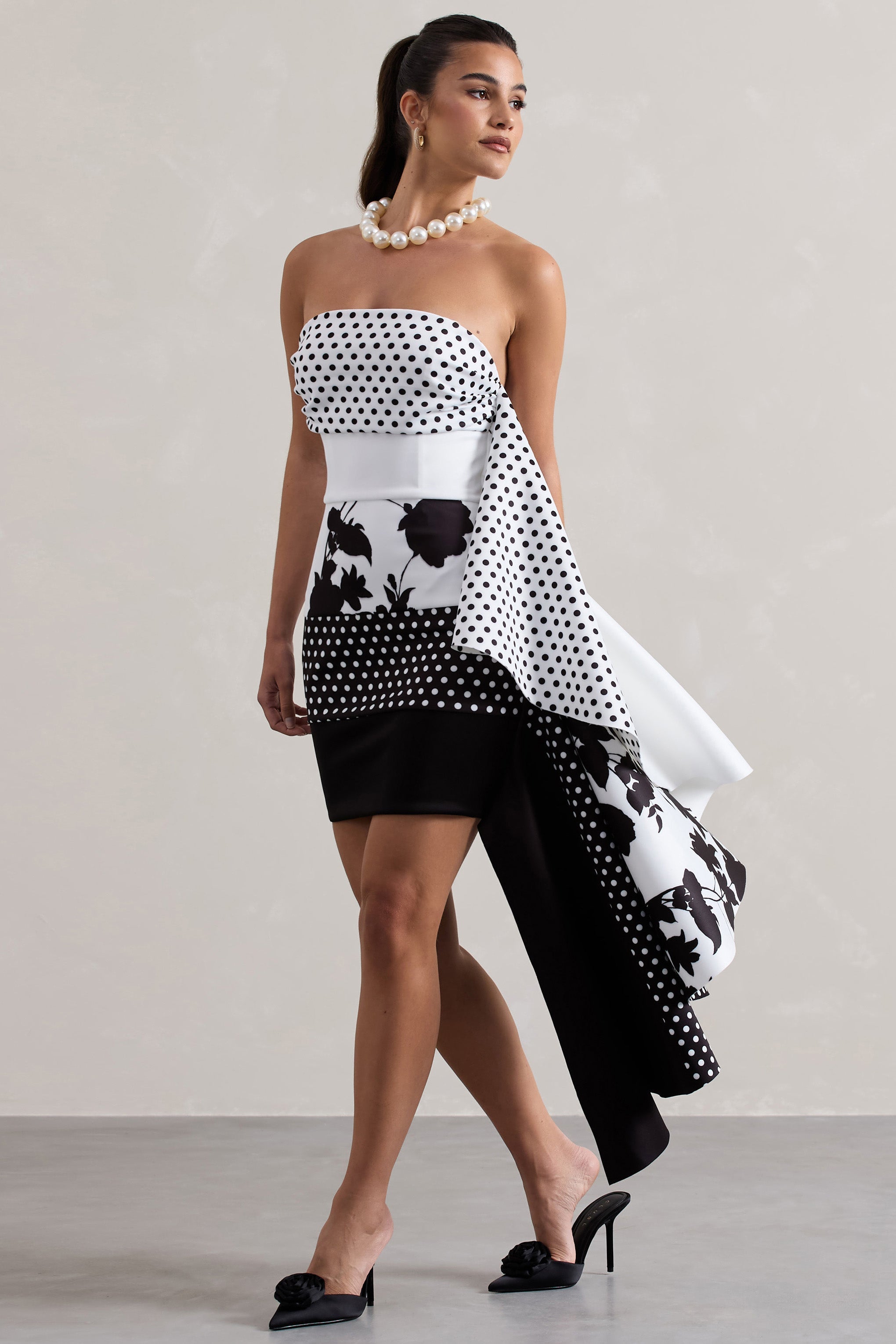 Multi Print Bandeau Mini Dress With Ruffled Side Drape