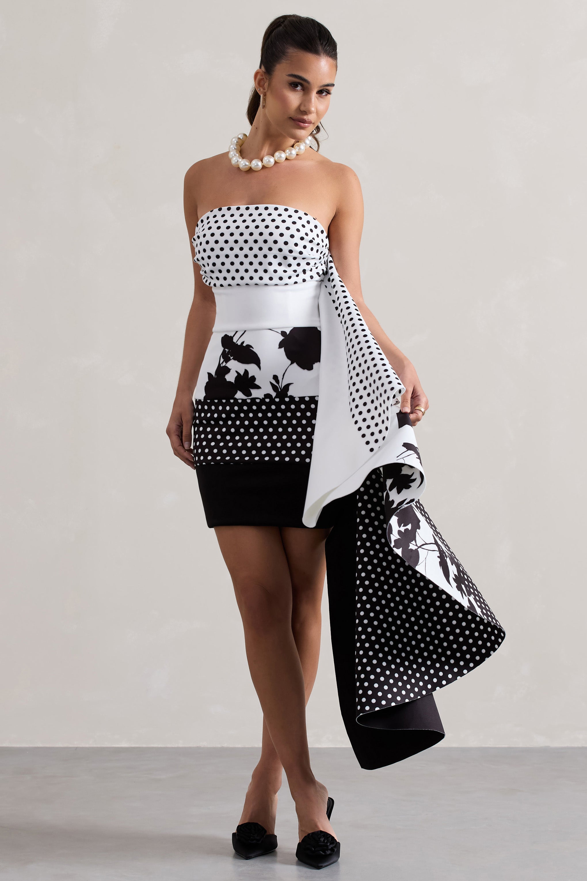Multi Print Bandeau Mini Dress With Ruffled Side Drape