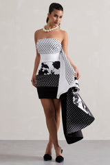 Multi Print Bandeau Mini Dress With Ruffled Side Drape