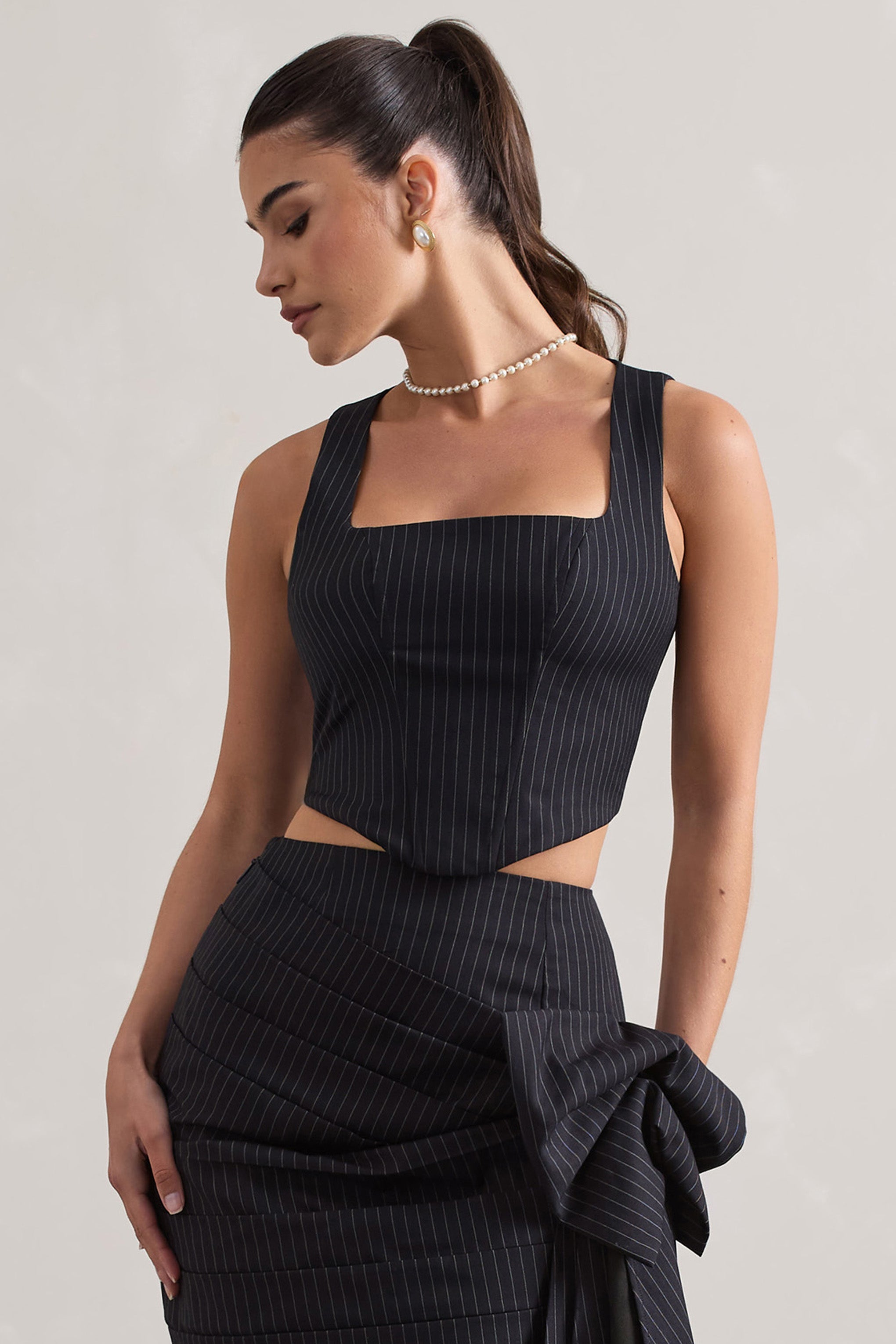 Navy Pinstripe Structured Corset Top
