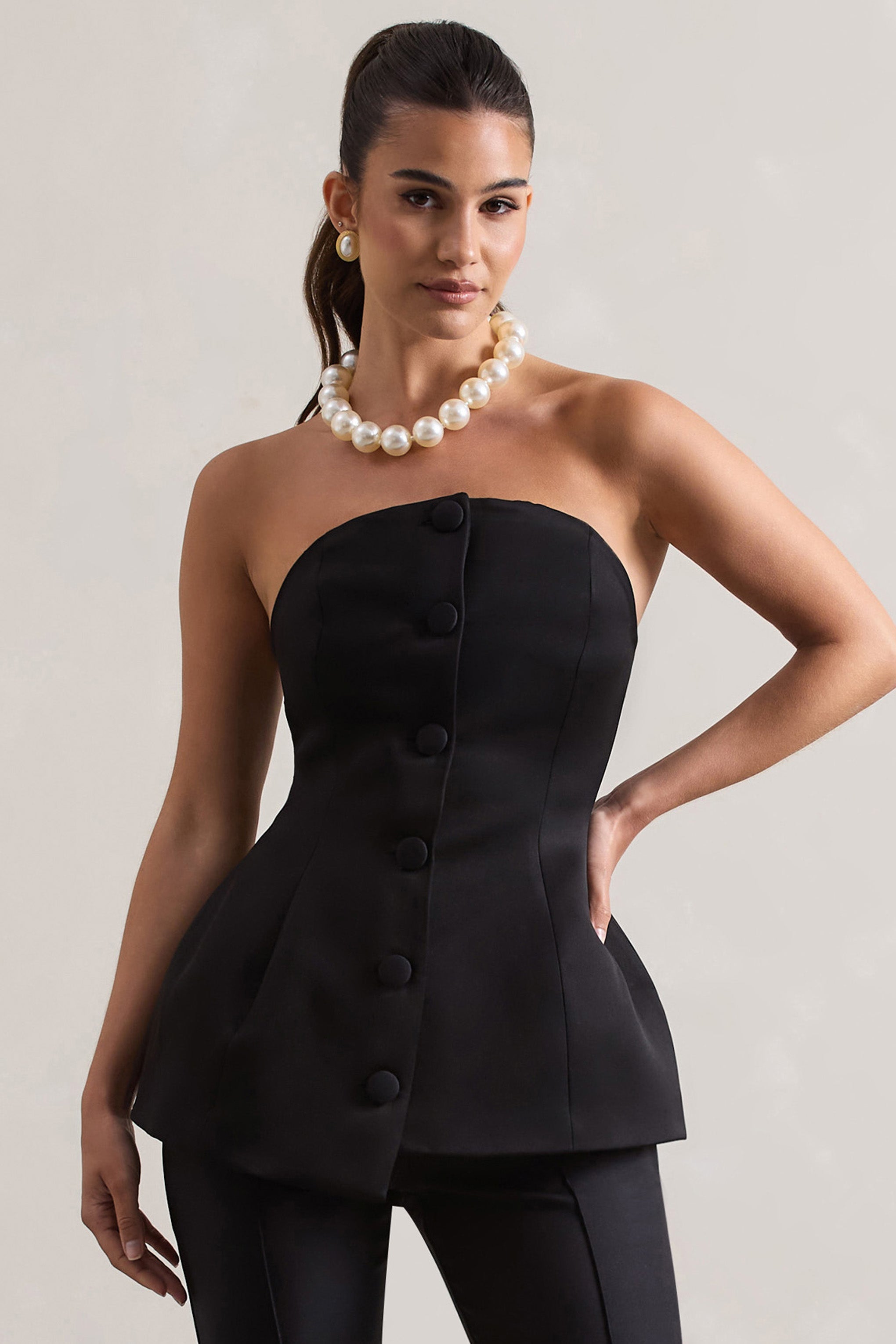 Black Satin Strapless Button Front Corset Top
