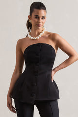 Black Satin Strapless Button Front Corset Top