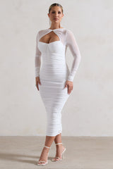 White Ruched Cut-Out Long-Sleeve Midi Dress